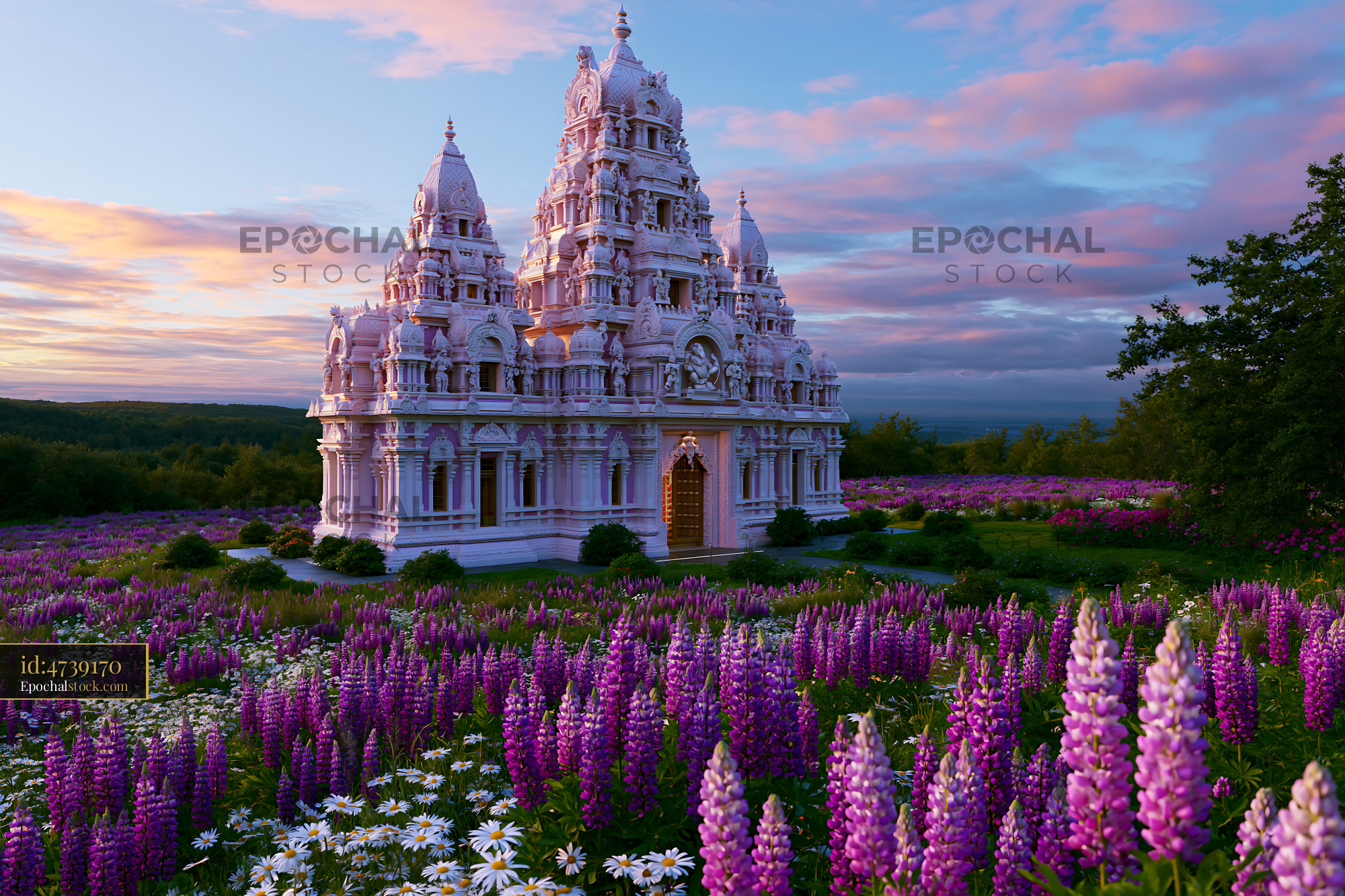 Hindu Temple With Purple Lupines at Sunset in Sri Ganganagar, India - stock photo
