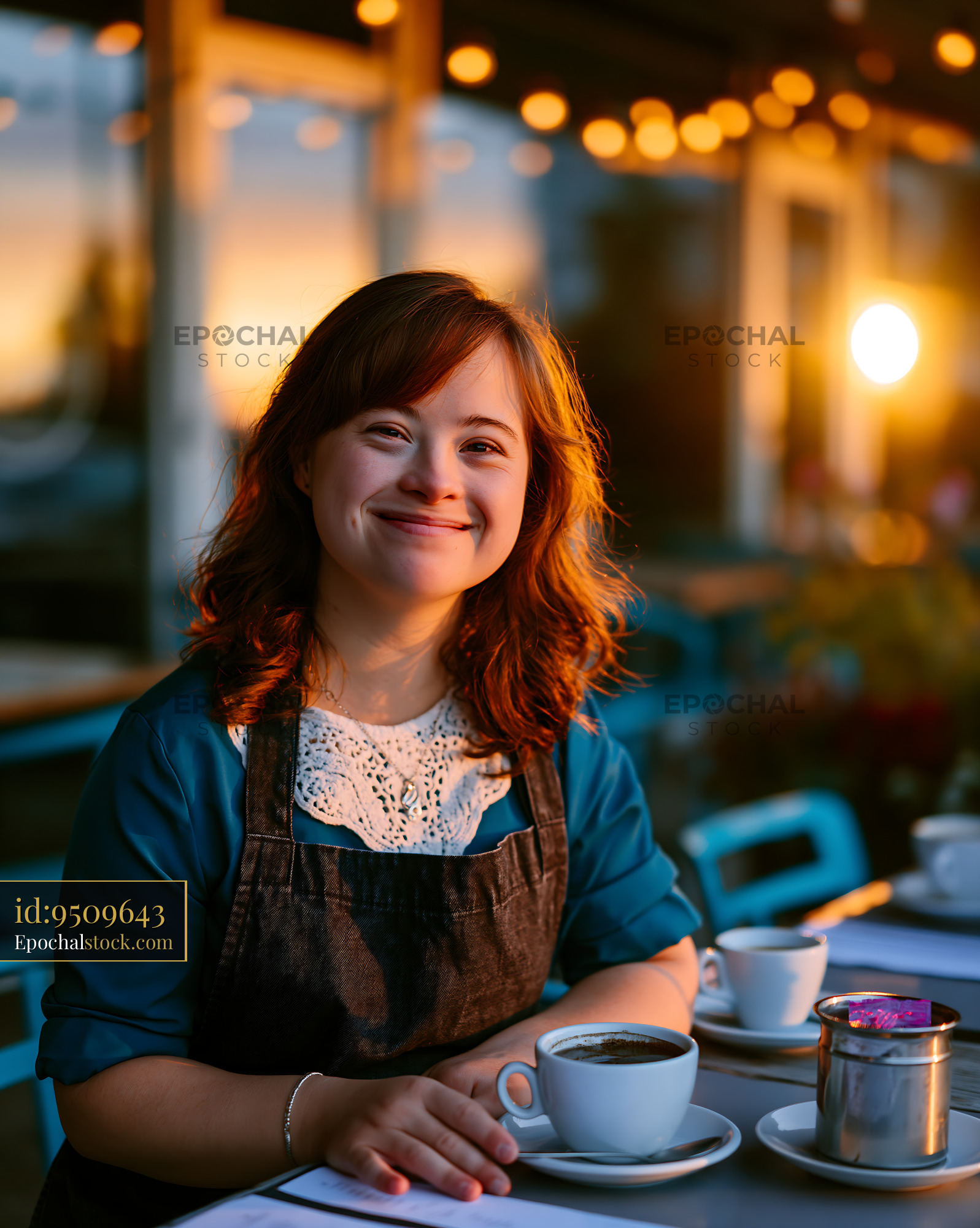 Watermarked full-resolution preview of Young woman sitting at a table with coffee during sunset