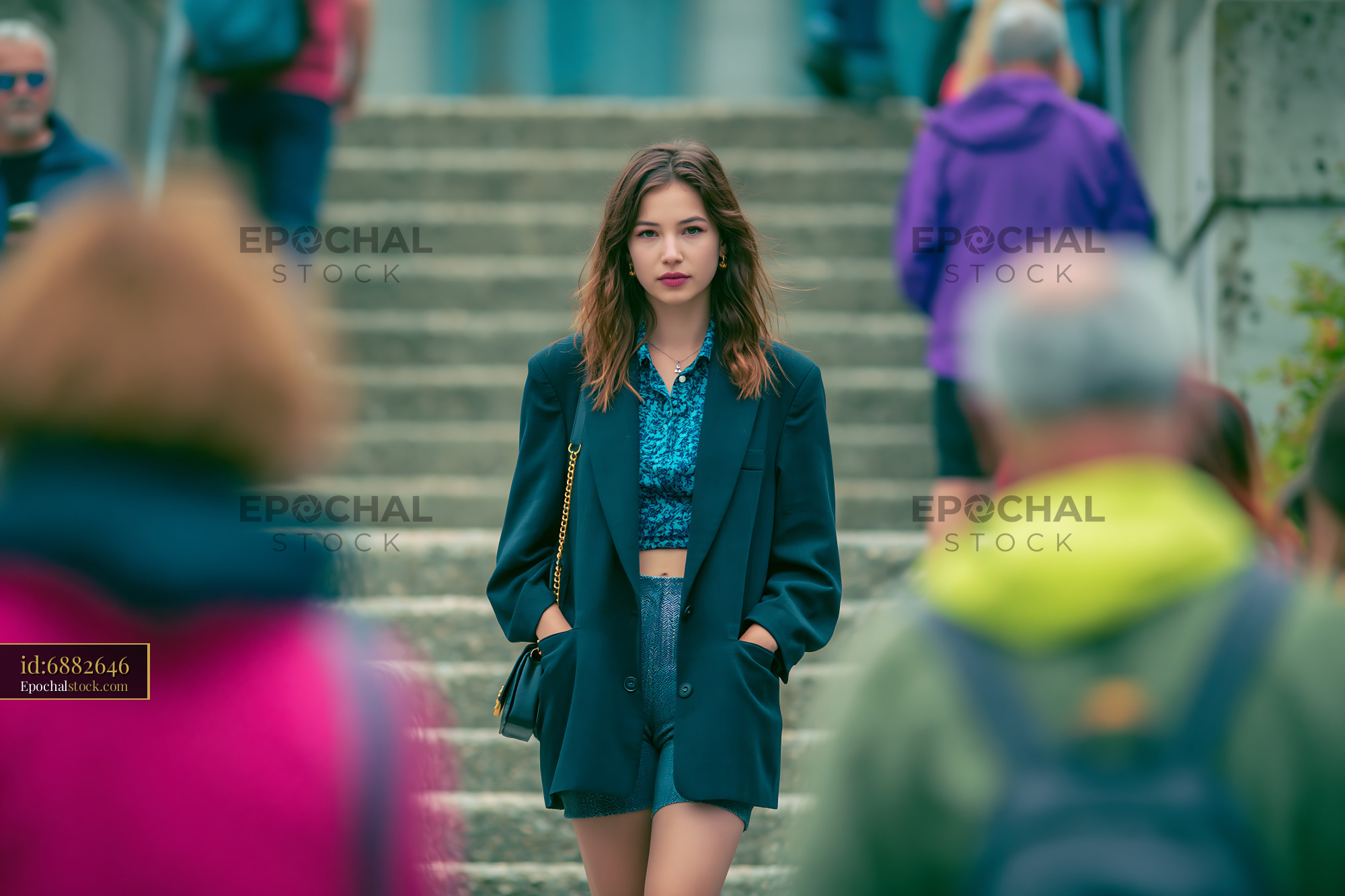Watermarked full-resolution preview of Woman walking through a crowd of people in a city street