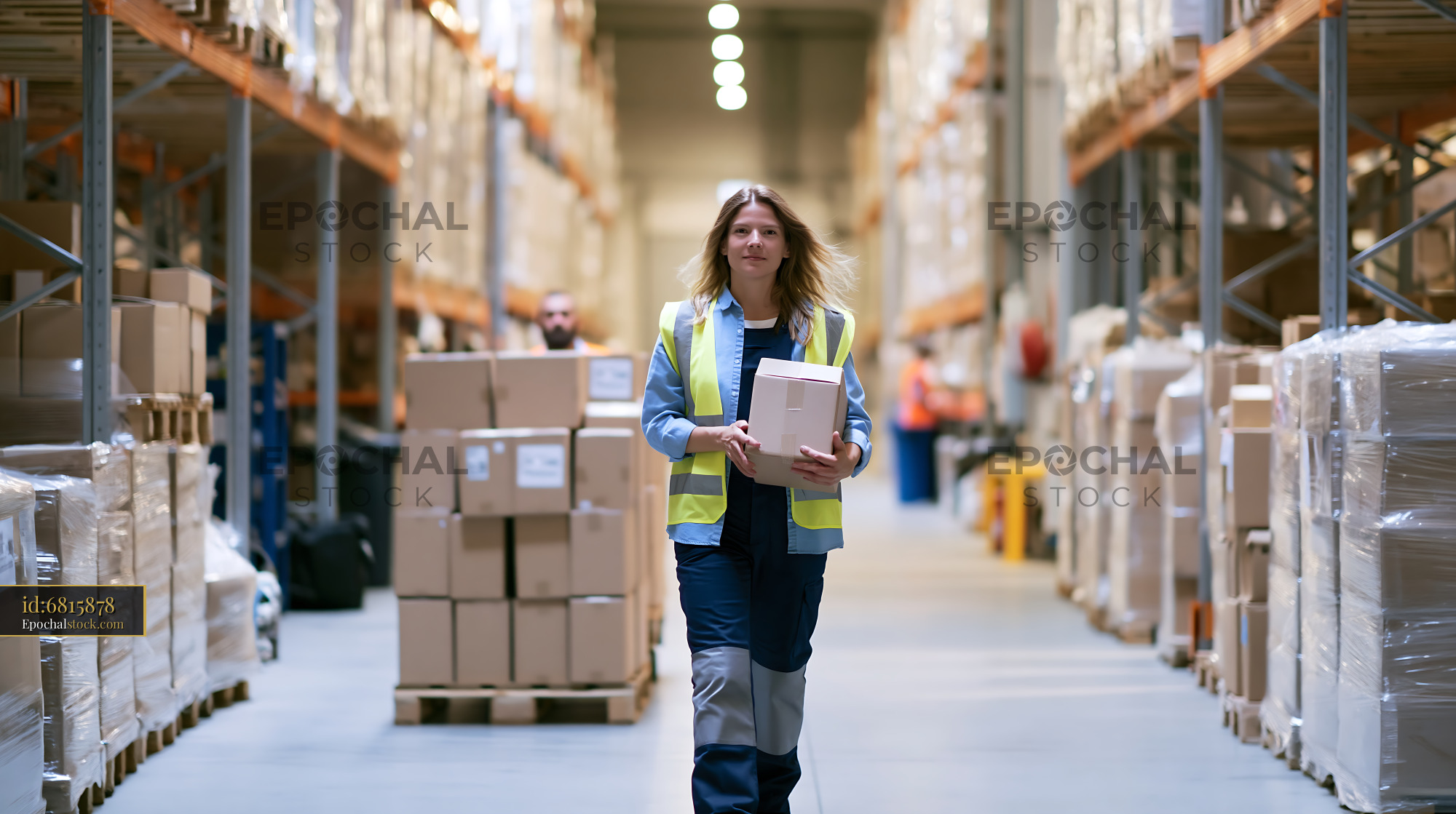 Warehouse worker carrying a box through a distribution center
