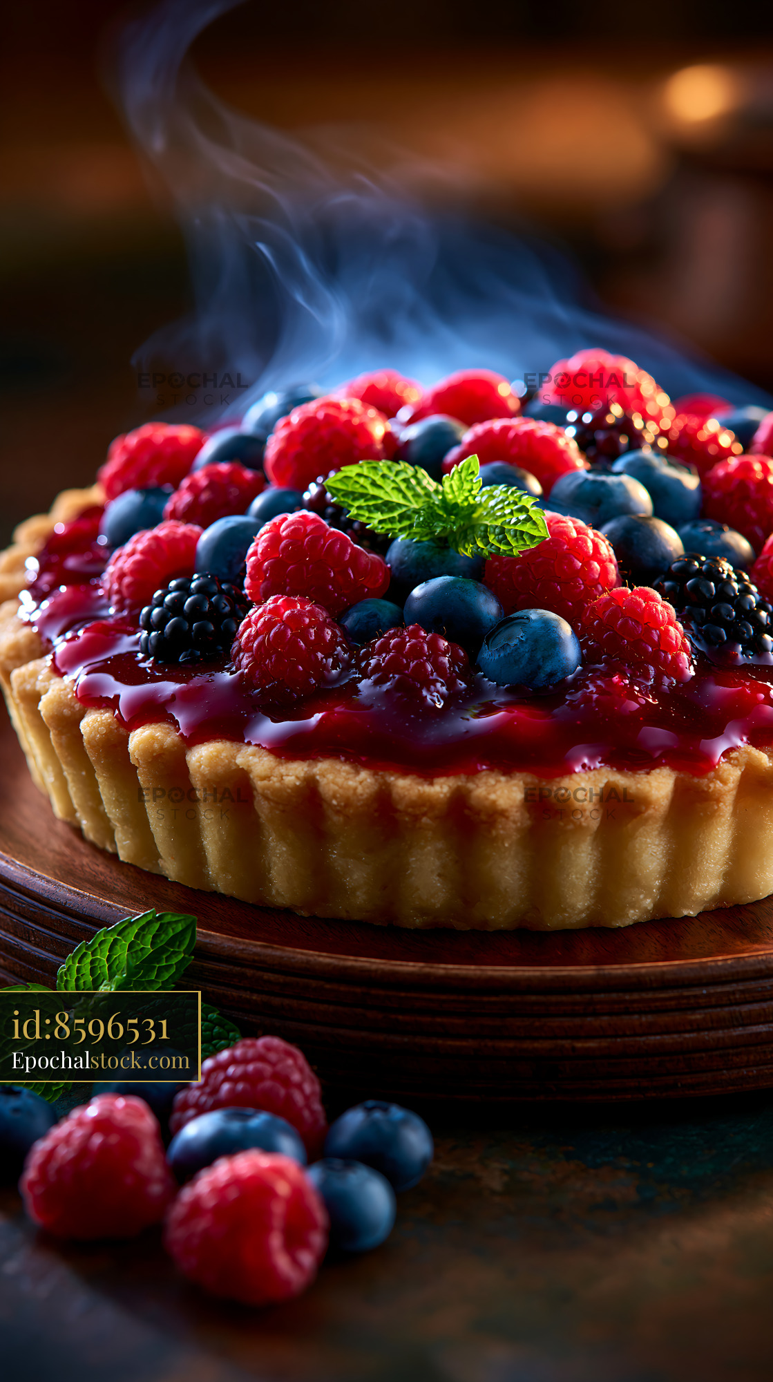 Watermarked full-resolution preview of Berry tart on a wooden table with steam rising