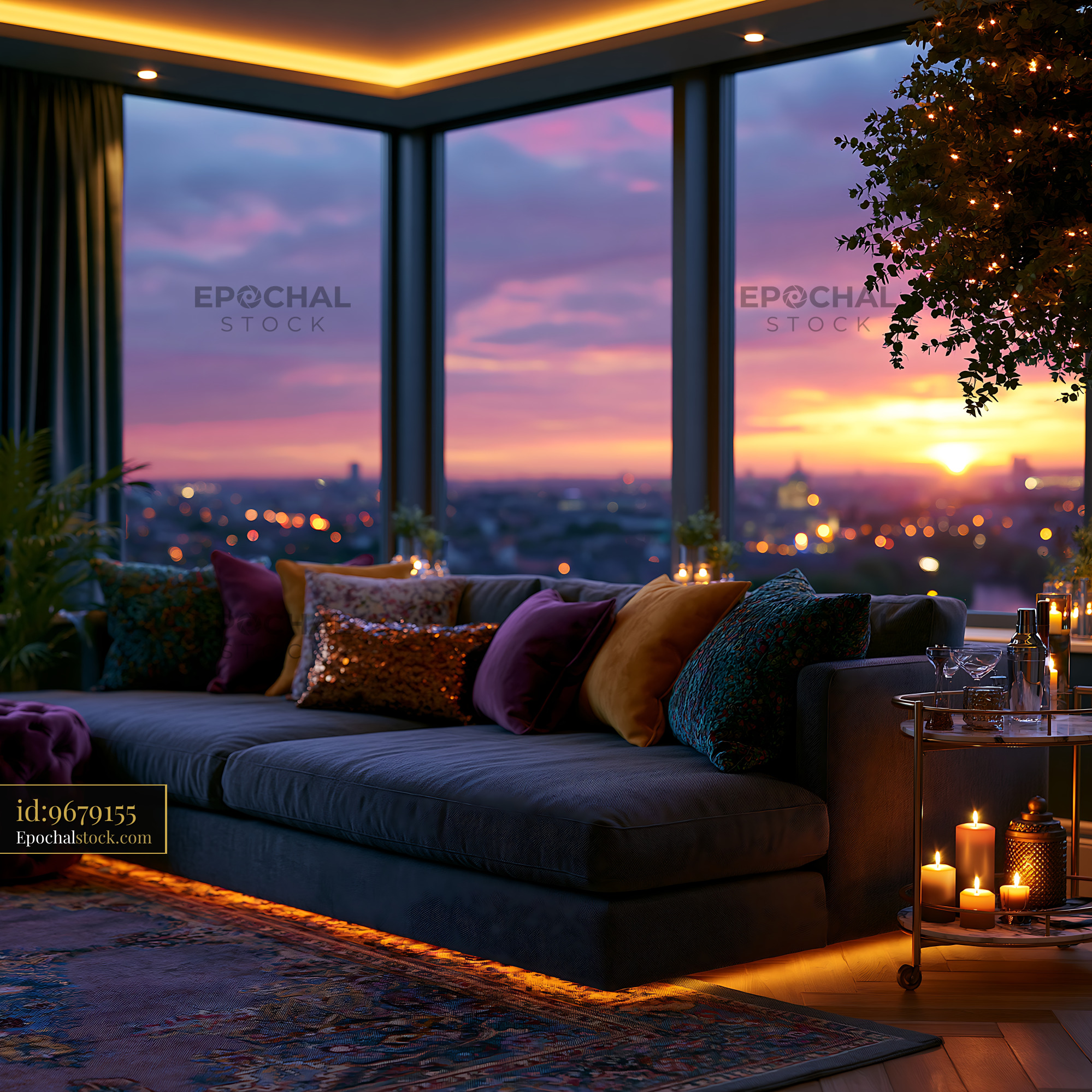 Elegant living room with sunset city view and illuminated candles
