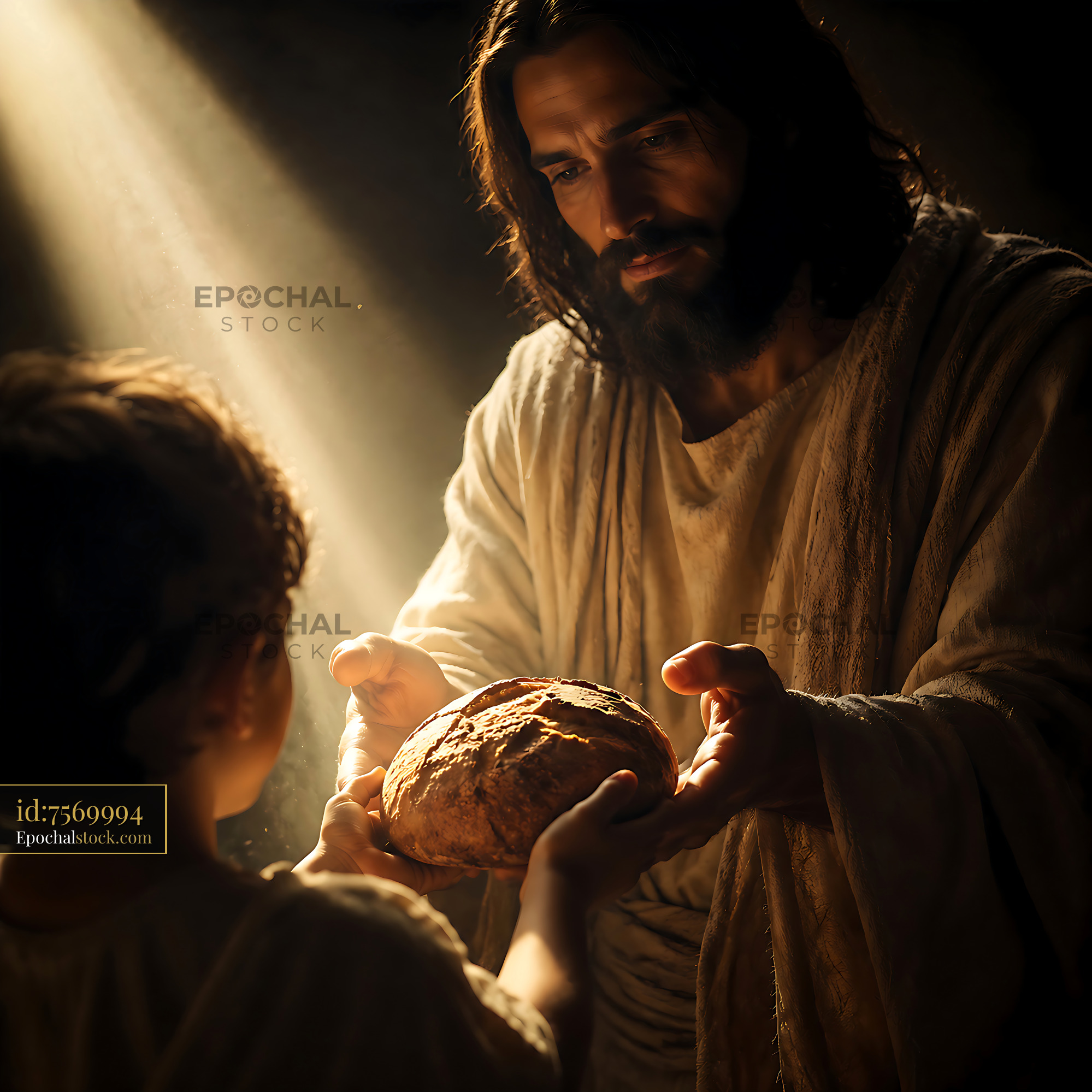 Man Giving Bread to Child in Light - stock photo