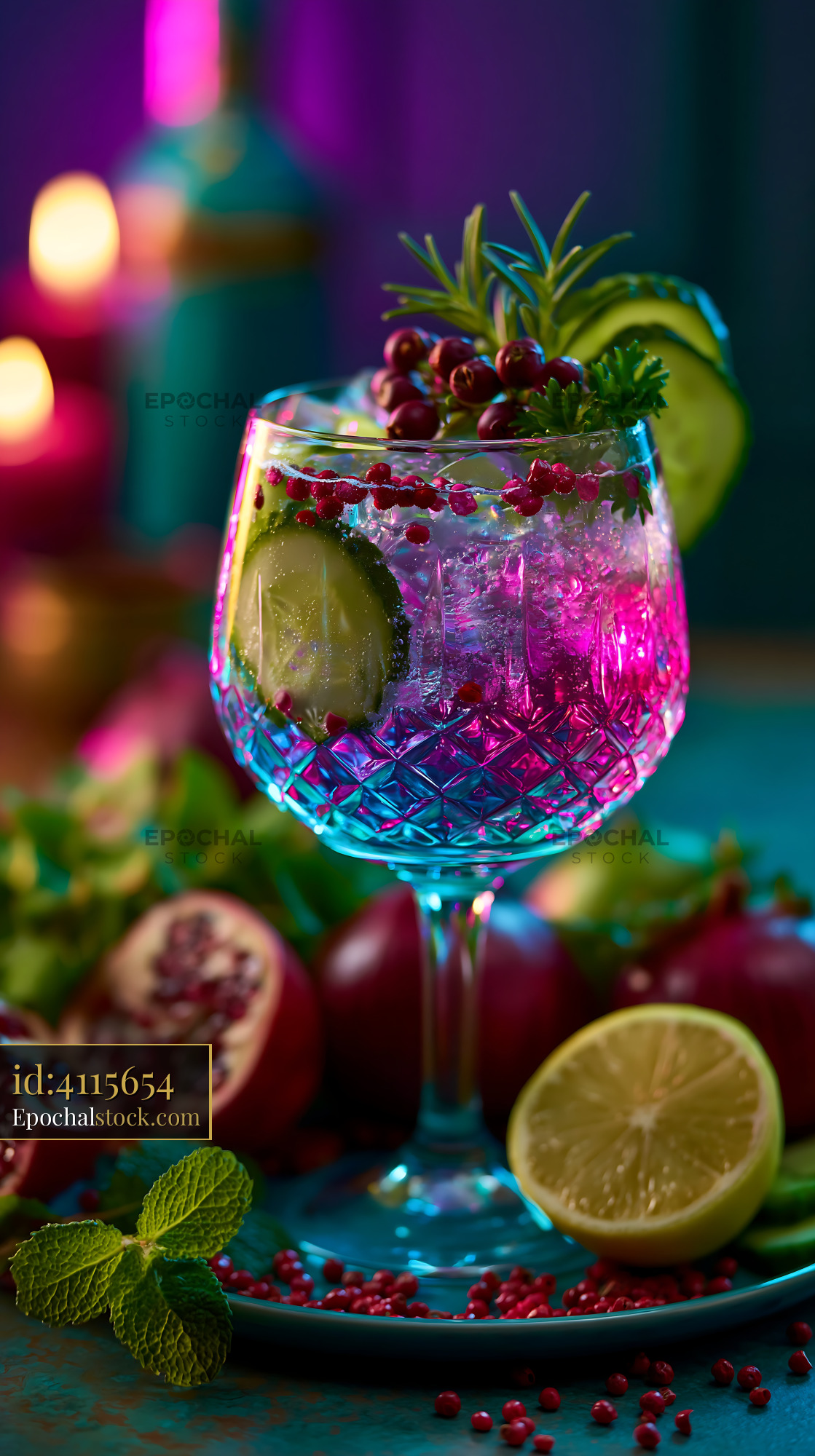Watermarked full-resolution preview of Vibrant cranberry lime drink with fresh herb garnish