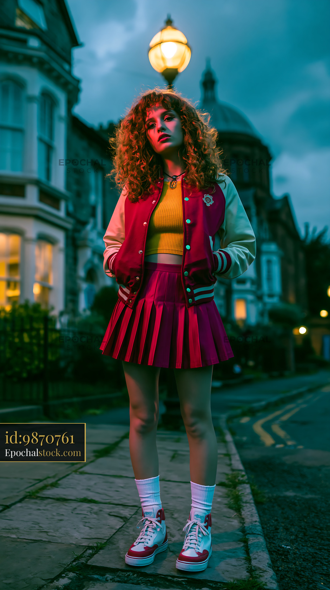 Watermarked full-resolution preview of Girl in pink outfit standing on a city street at dusk