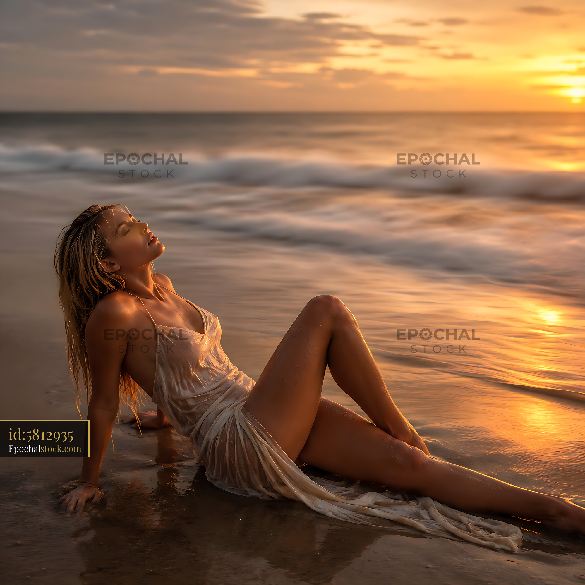 Woman Relaxing by the Beach During Sunset With Soft Waves - stock photo