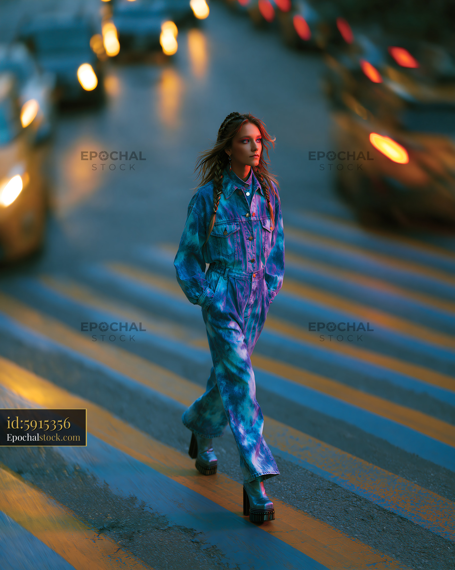 Watermarked full-resolution preview of Woman walks on crosswalk in urban street at dusk