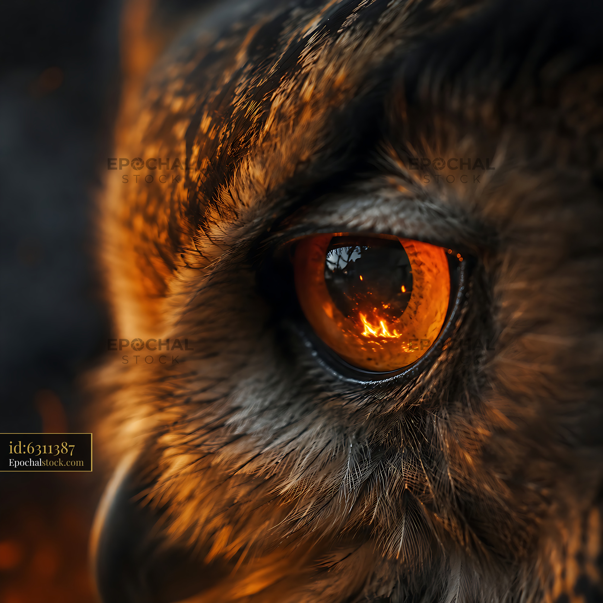 Watermarked full-resolution preview of Owl with glowing eyes reflecting a warm light