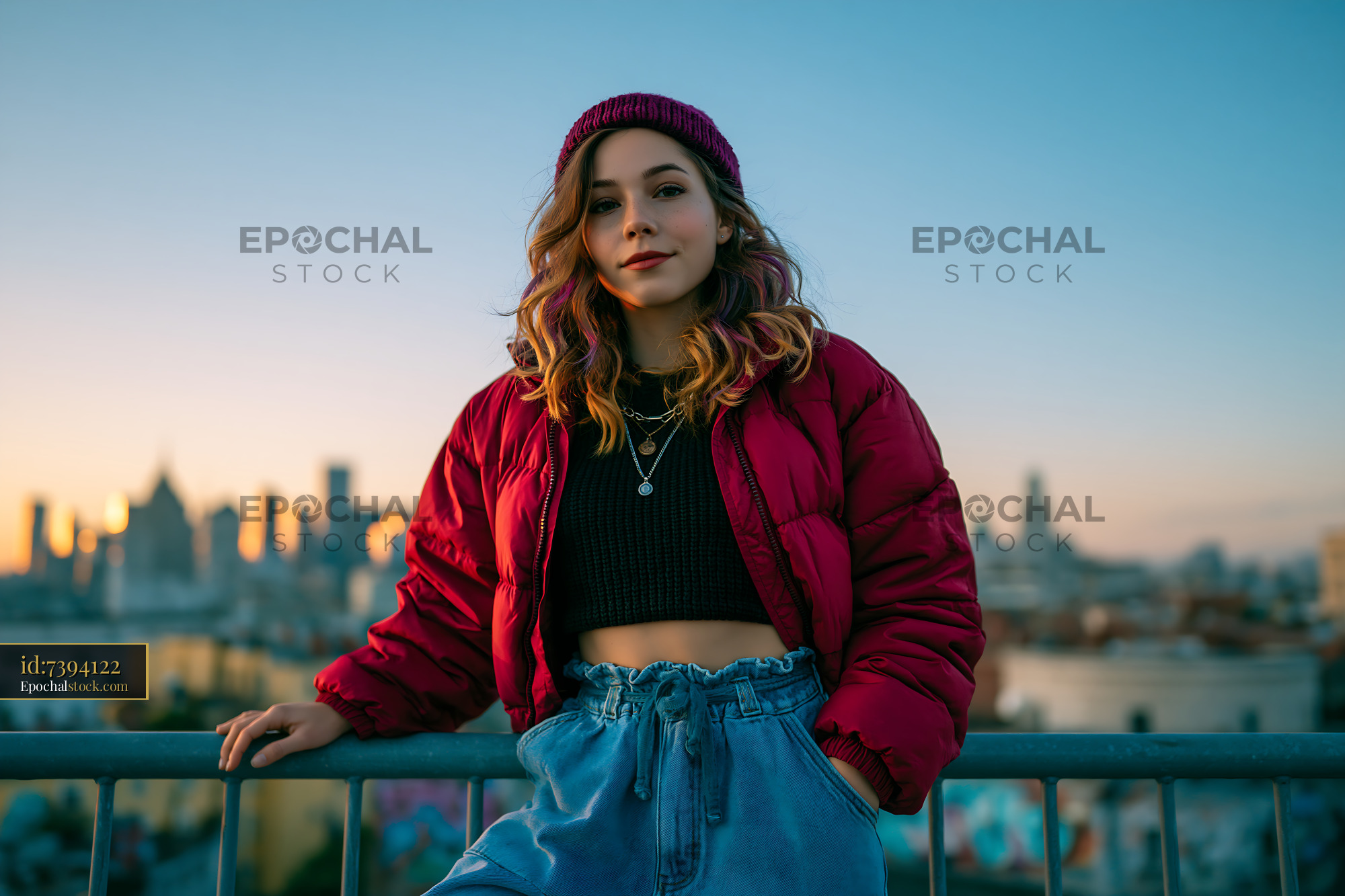 Watermarked full-resolution preview of Woman in red jacket poses over city skyline at sunset