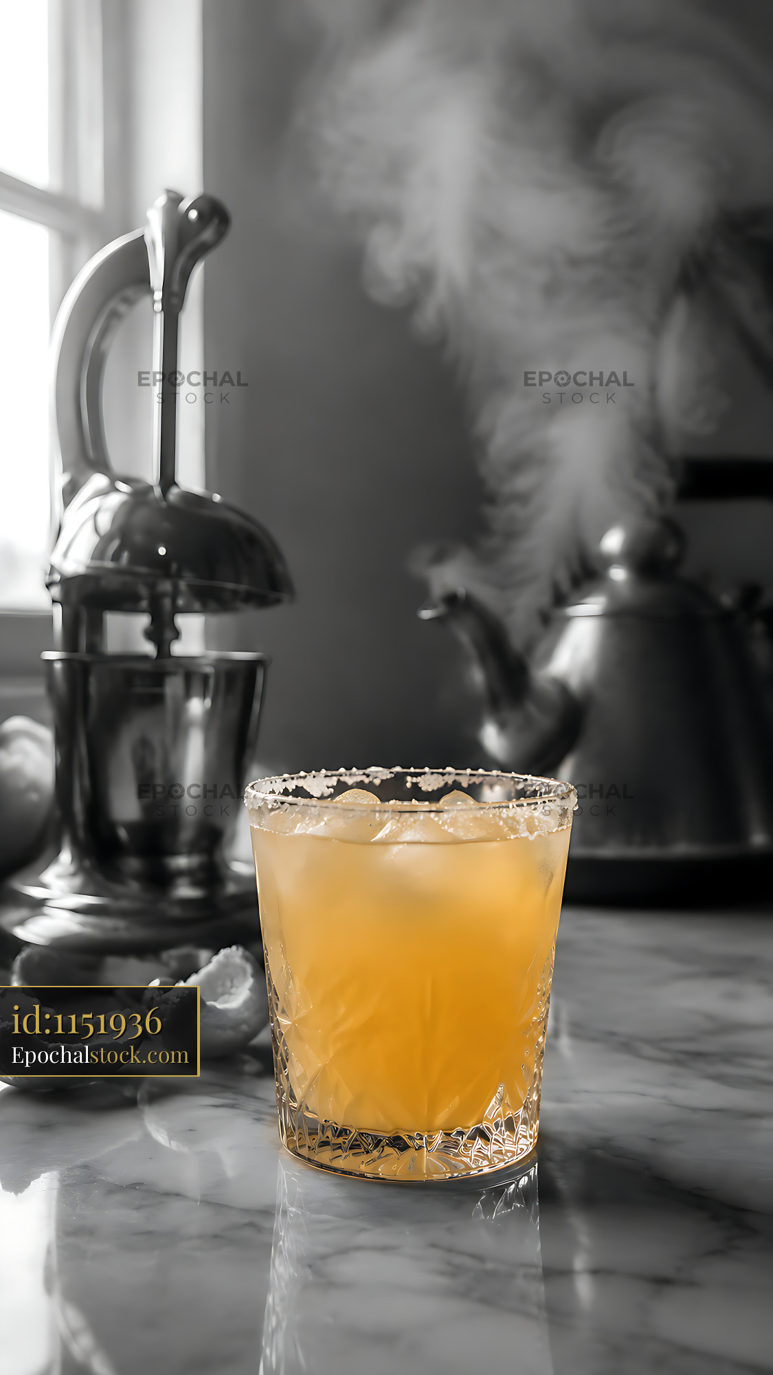 Watermarked full-resolution preview of Craft cocktail with garnish on marble kitchen table