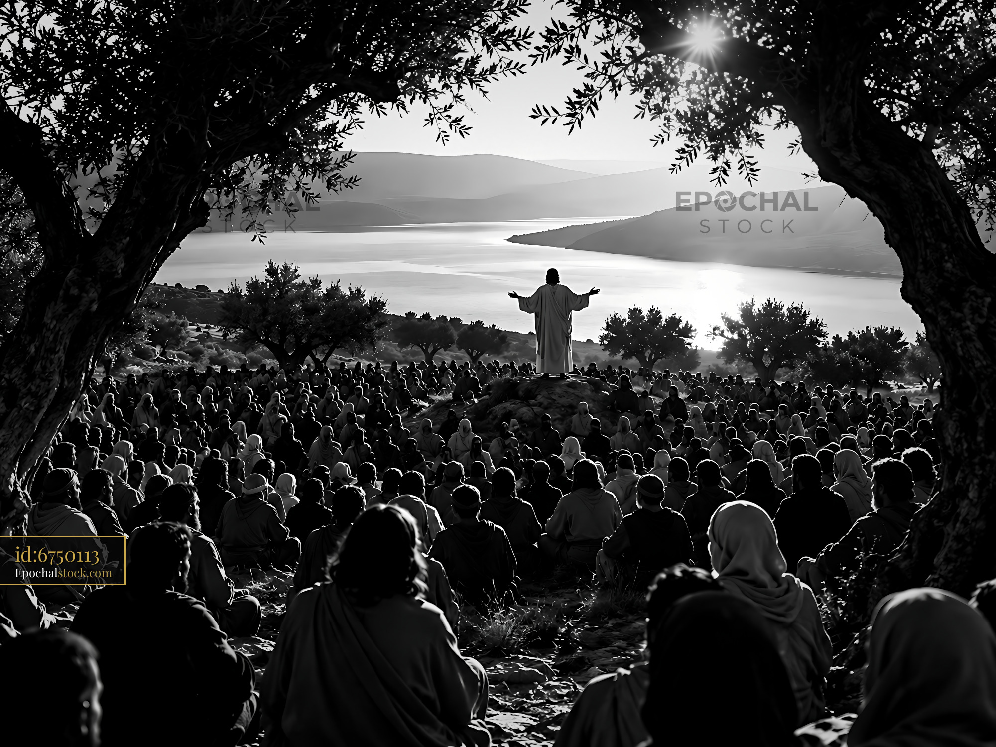 Watermarked full-resolution preview of Man speaking to a crowd near a body of water