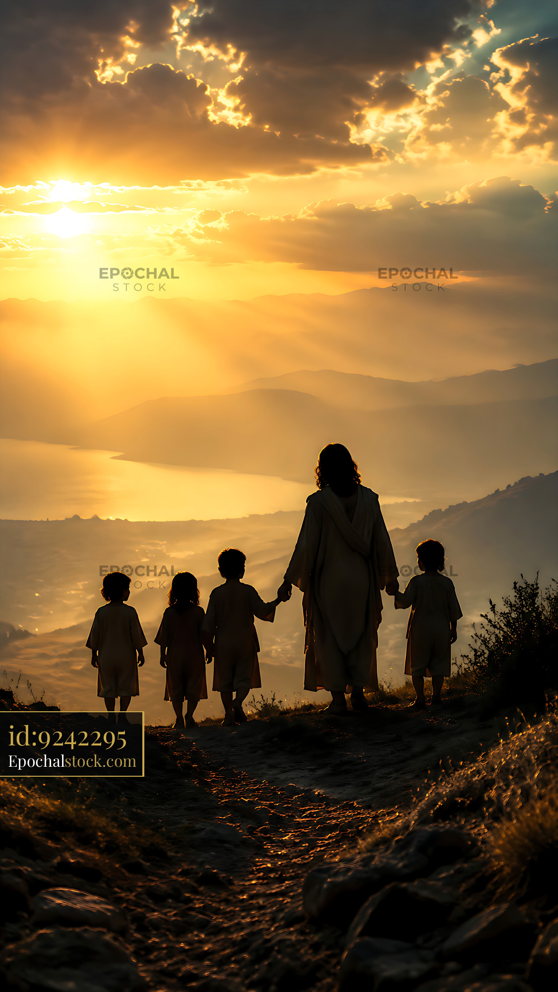 Watermarked full-resolution preview of Children holding hands while walking towards sunset by the hills