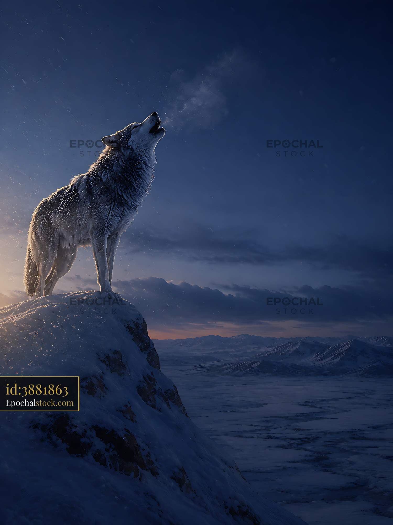 Wolf Howls at the Moon on a Snowy Mountain Top at Night - stock photo
