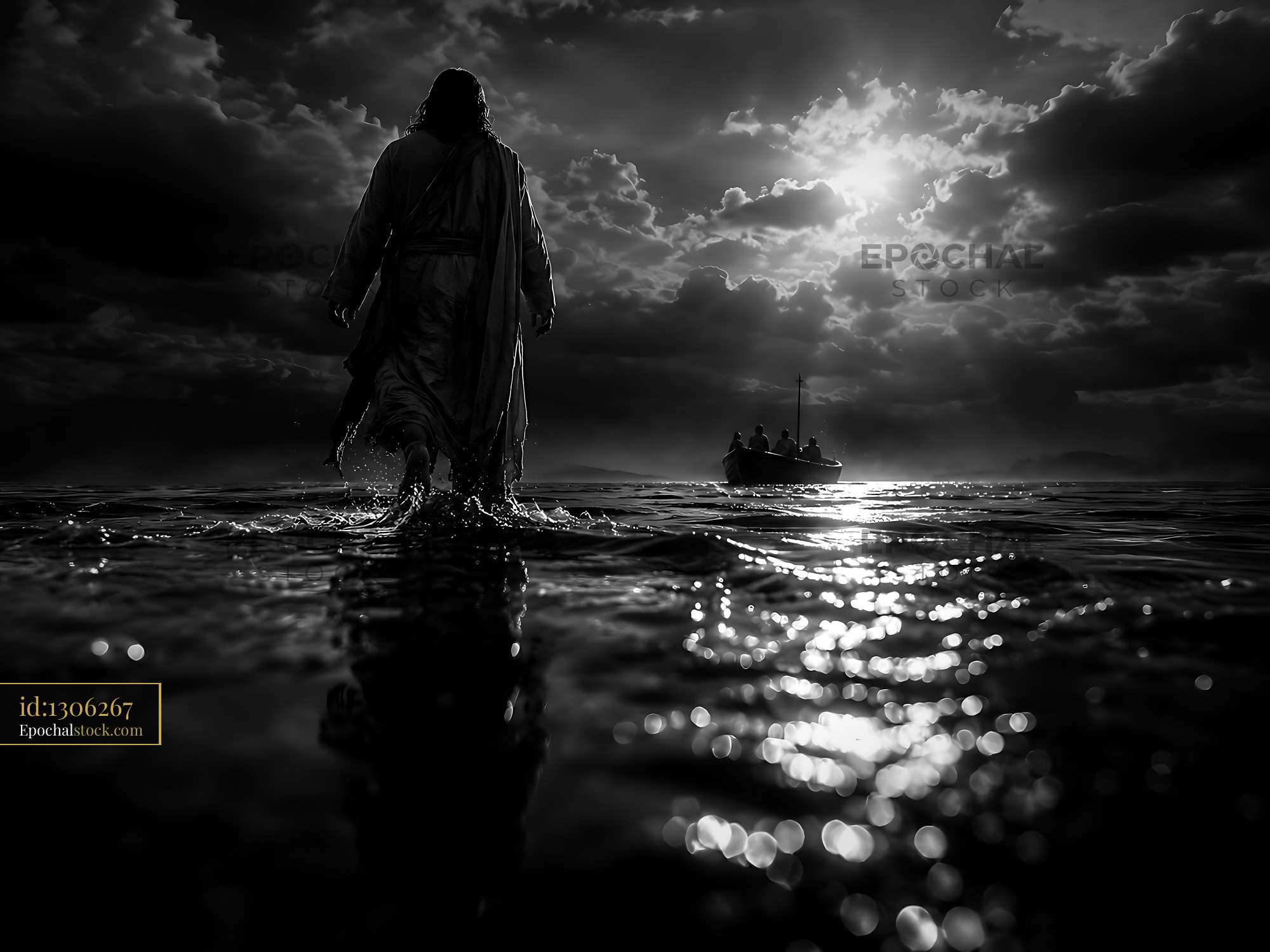 Watermarked full-resolution preview of Person walking on water with a boat in the background