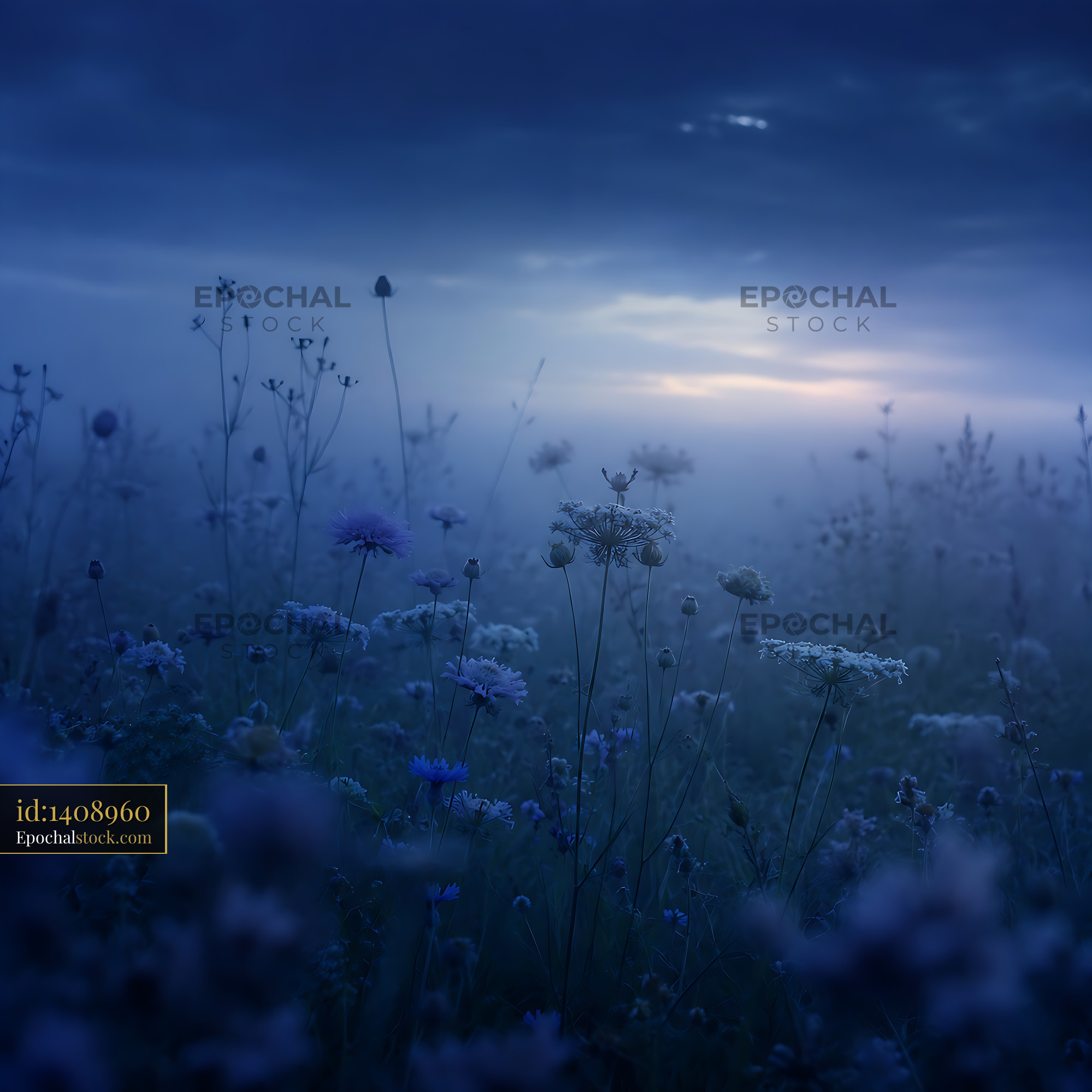 Watermarked full-resolution preview of Flower field at dusk with fog and soft light