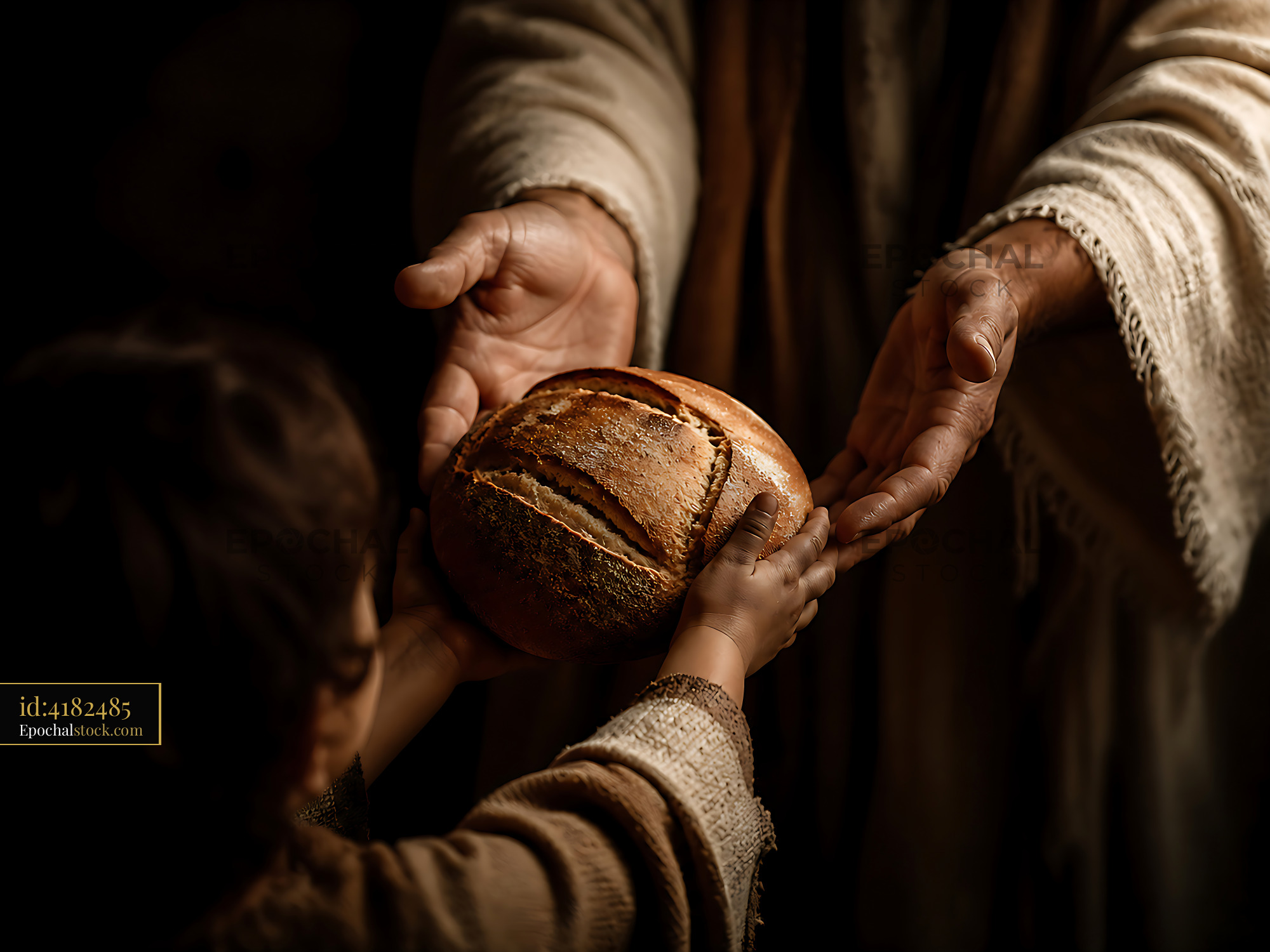 Watermarked full-resolution preview of Man hands loaf of bread to child in dark setting