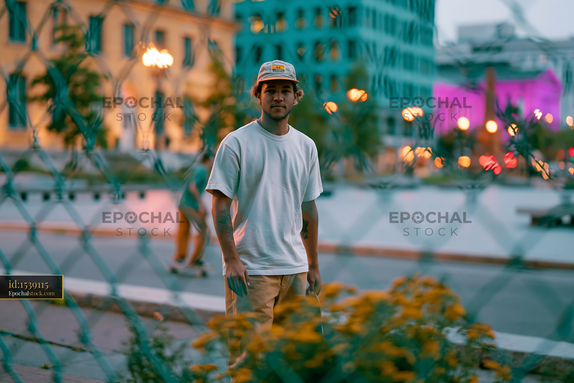 Watermarked full-resolution preview of Man in white shirt standing near flowers in urban area at dusk