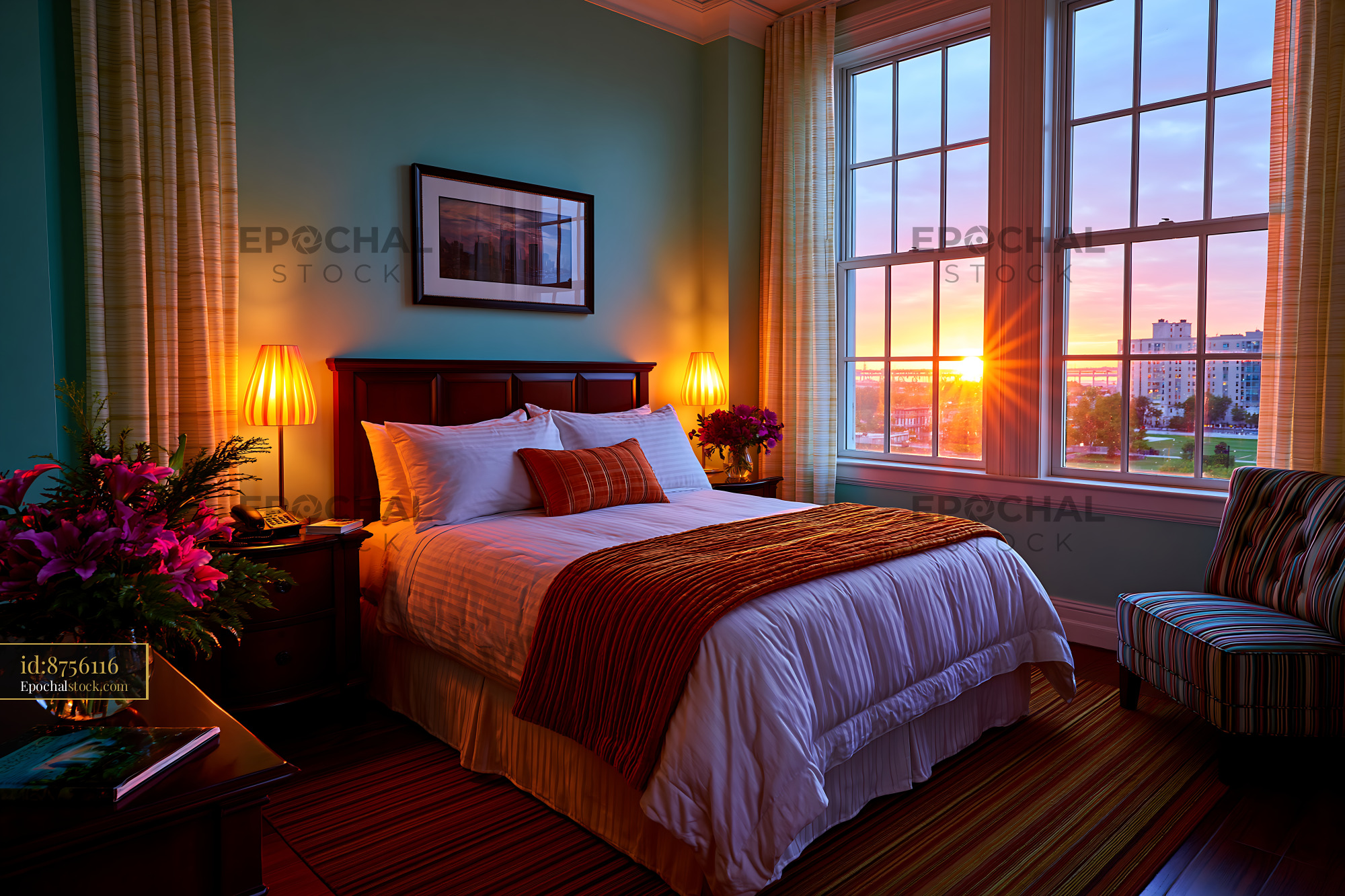 Watermarked full-resolution preview of Cozy bedroom with sunset view and warm lighting
