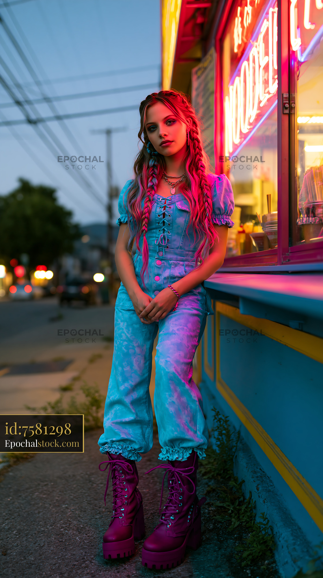 Watermarked full-resolution preview of Young woman in blue outfit poses outside a vibrant food vendor