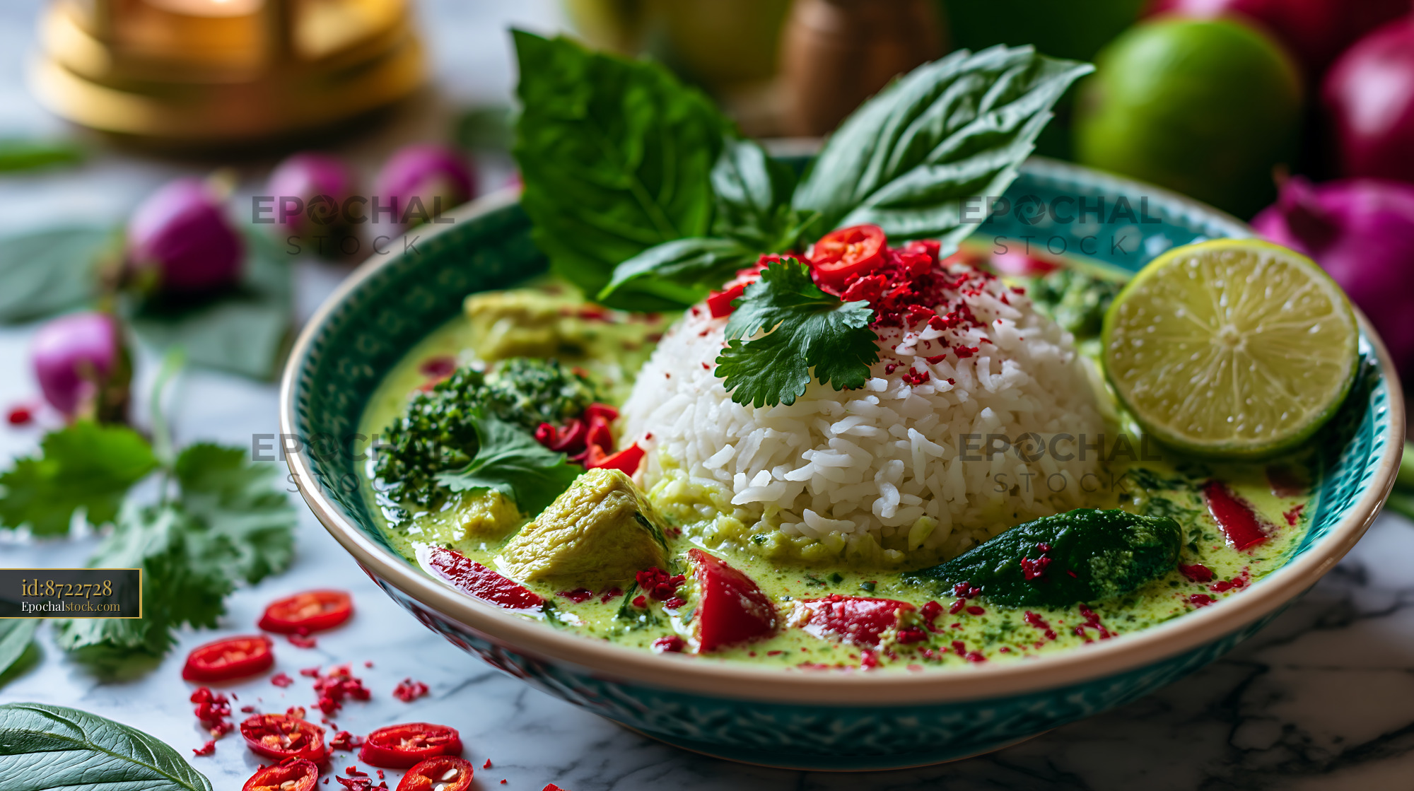 Watermarked full-resolution preview of Green curry with rice and fresh herbs on a marble table