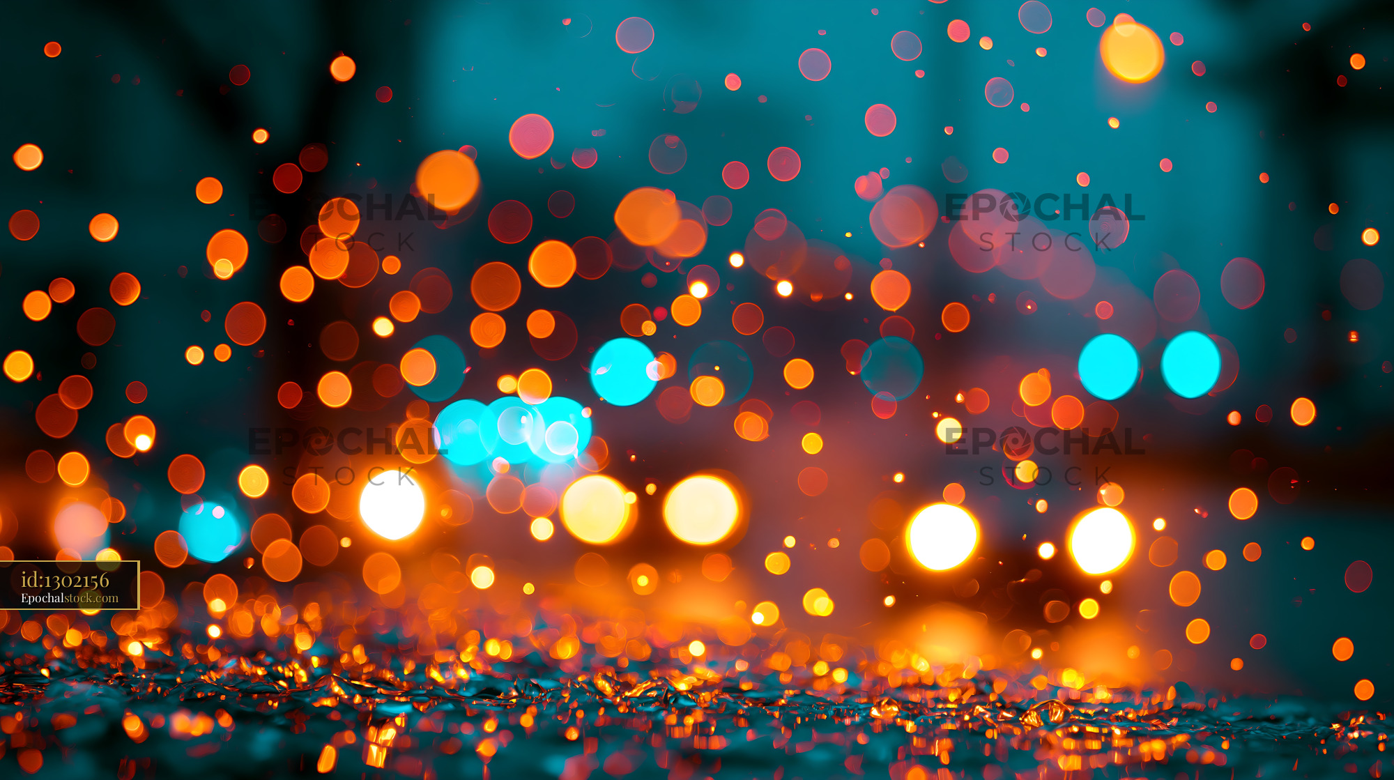 Watermarked full-resolution preview of Colorful bokeh lights on a rainy street at night