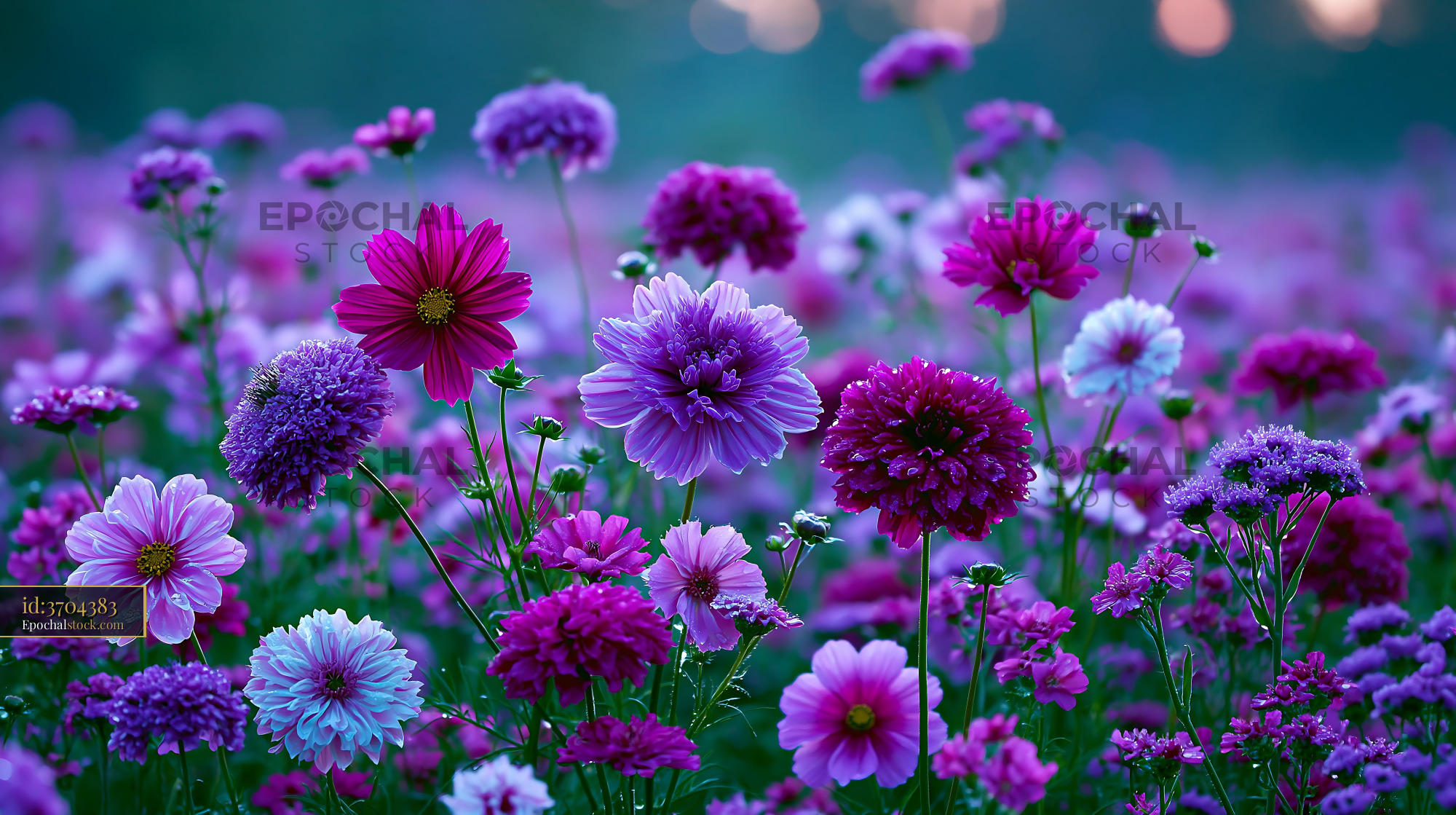 Watermarked full-resolution preview of Vibrant flower field with purple and pink blooms at dusk
