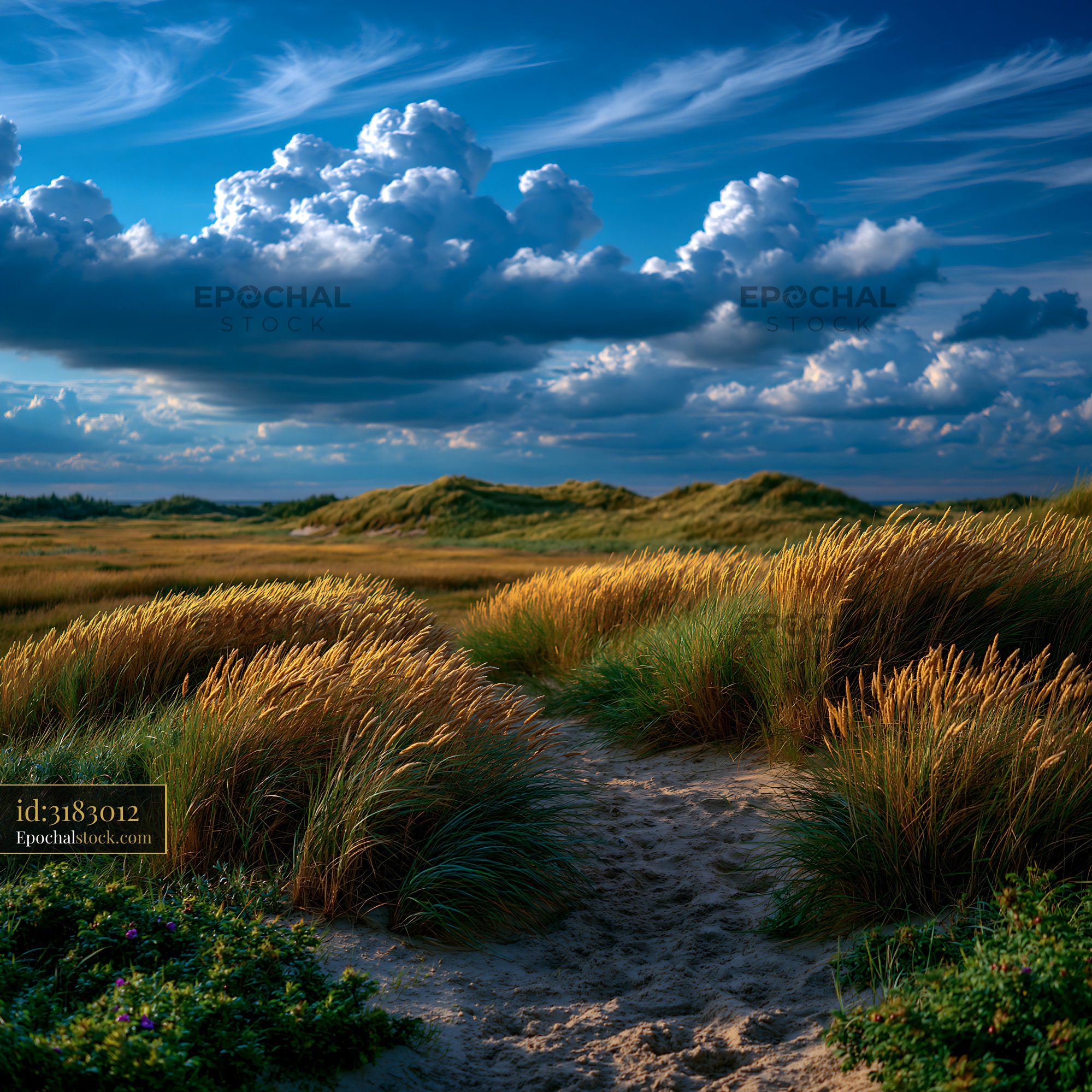 Watermarked full-resolution preview of Cloudy sky over grassland with sandy pathway in open landscape
