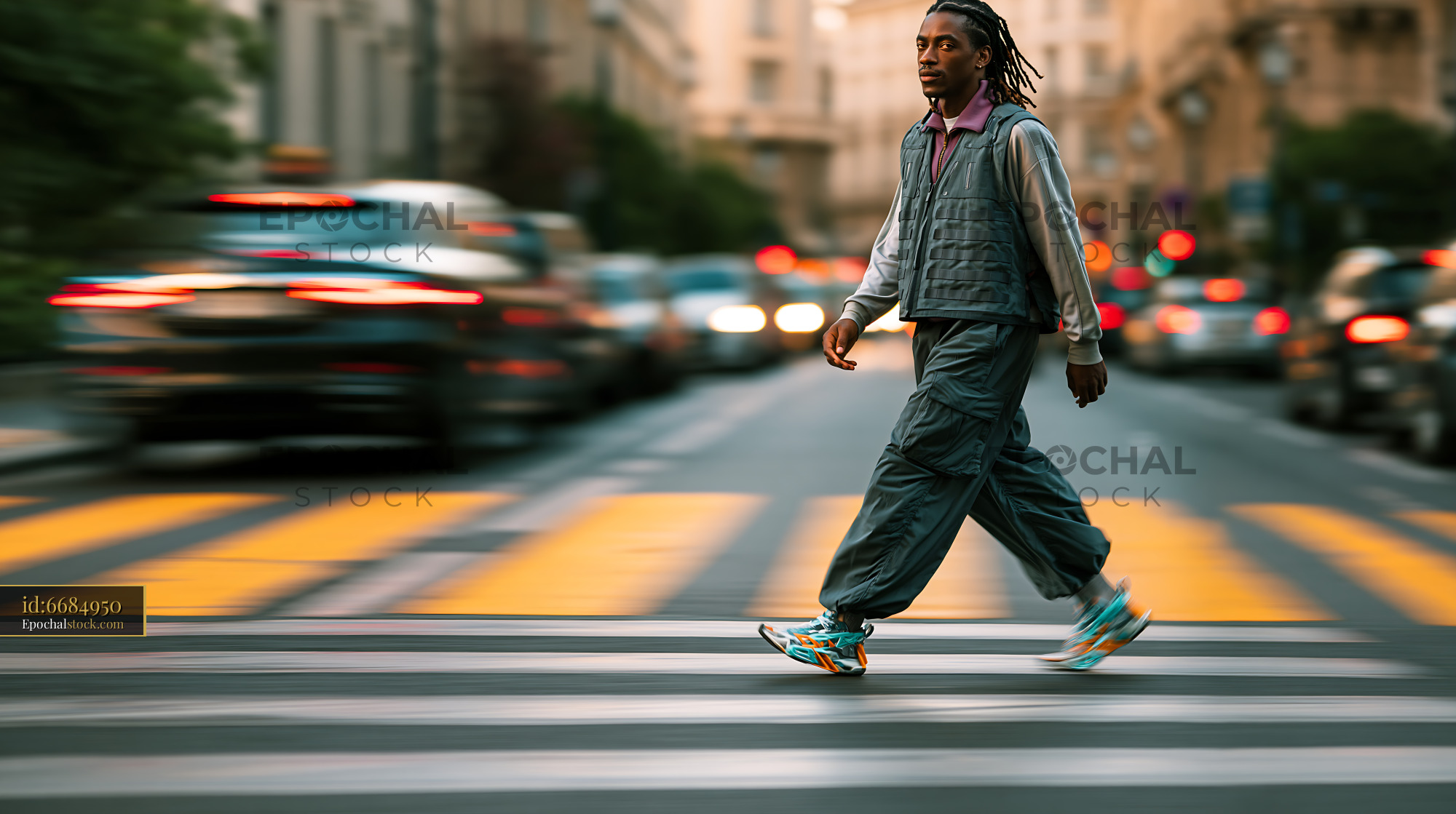Watermarked full-resolution preview of Man walks across a busy street in a city during the day