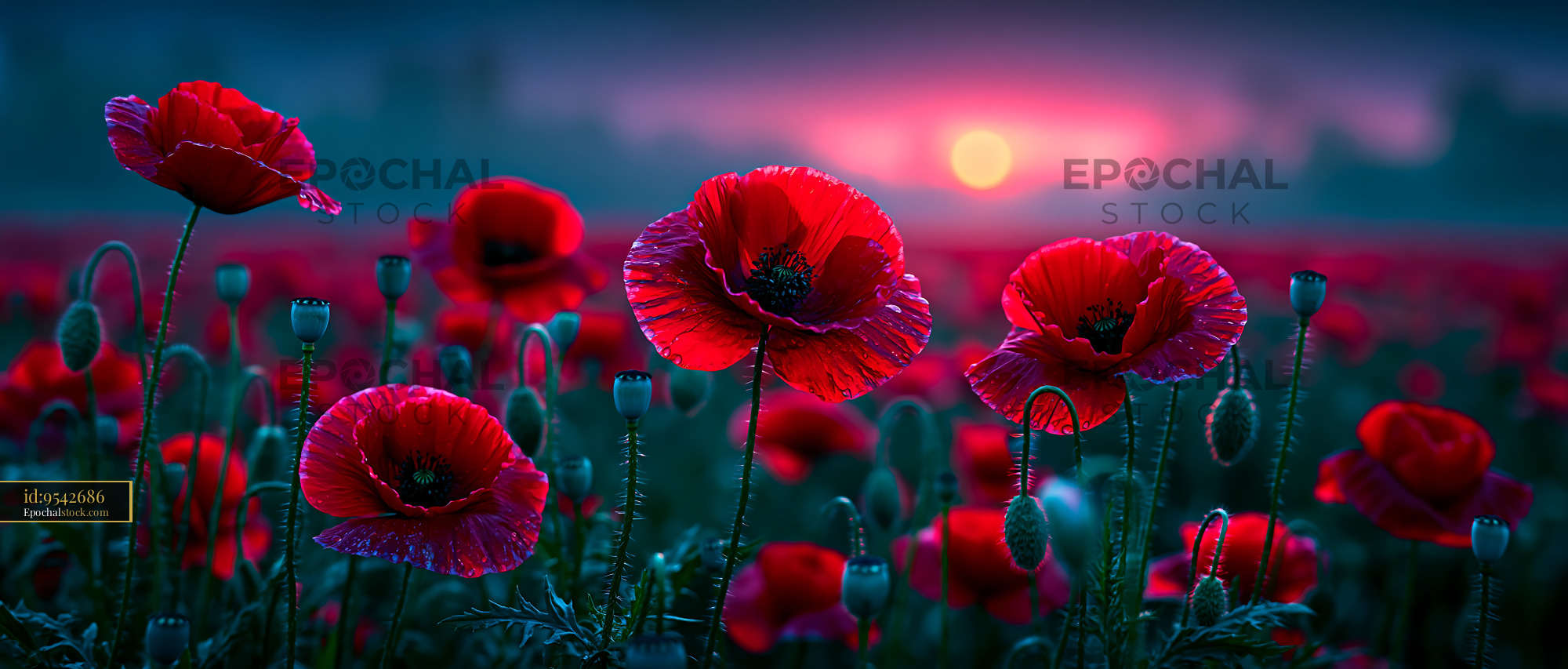 Watermarked full-resolution preview of Vibrant poppy flowers bloom at sunset in a field