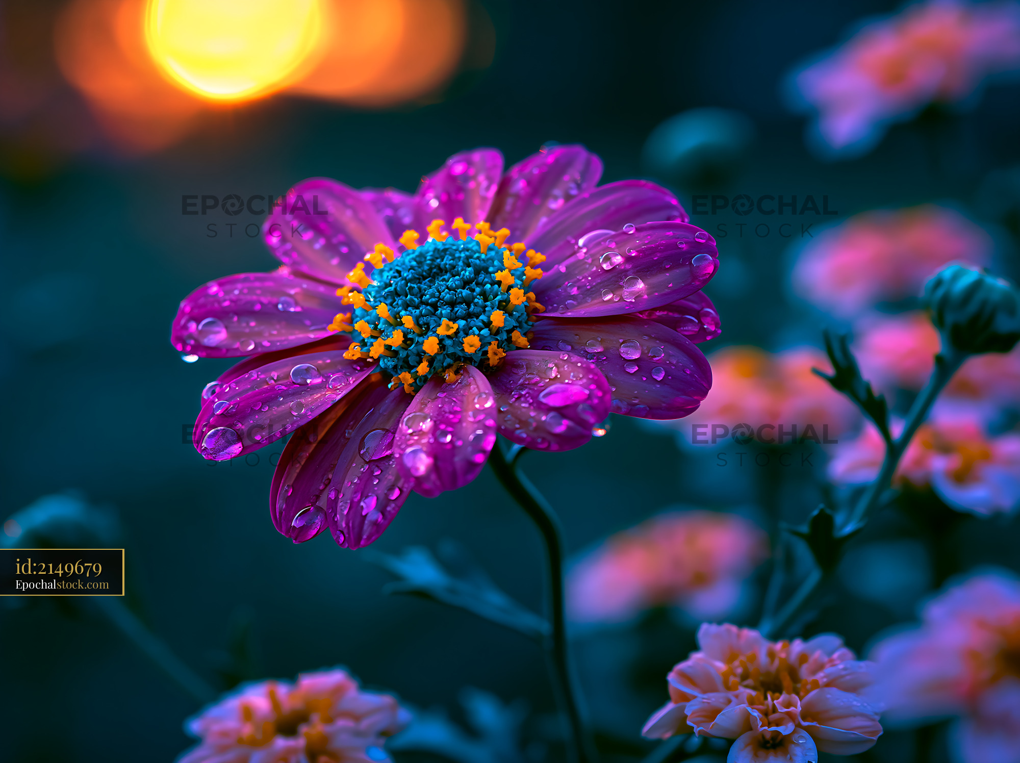 Watermarked full-resolution preview of Bright flower with water droplets in evening light