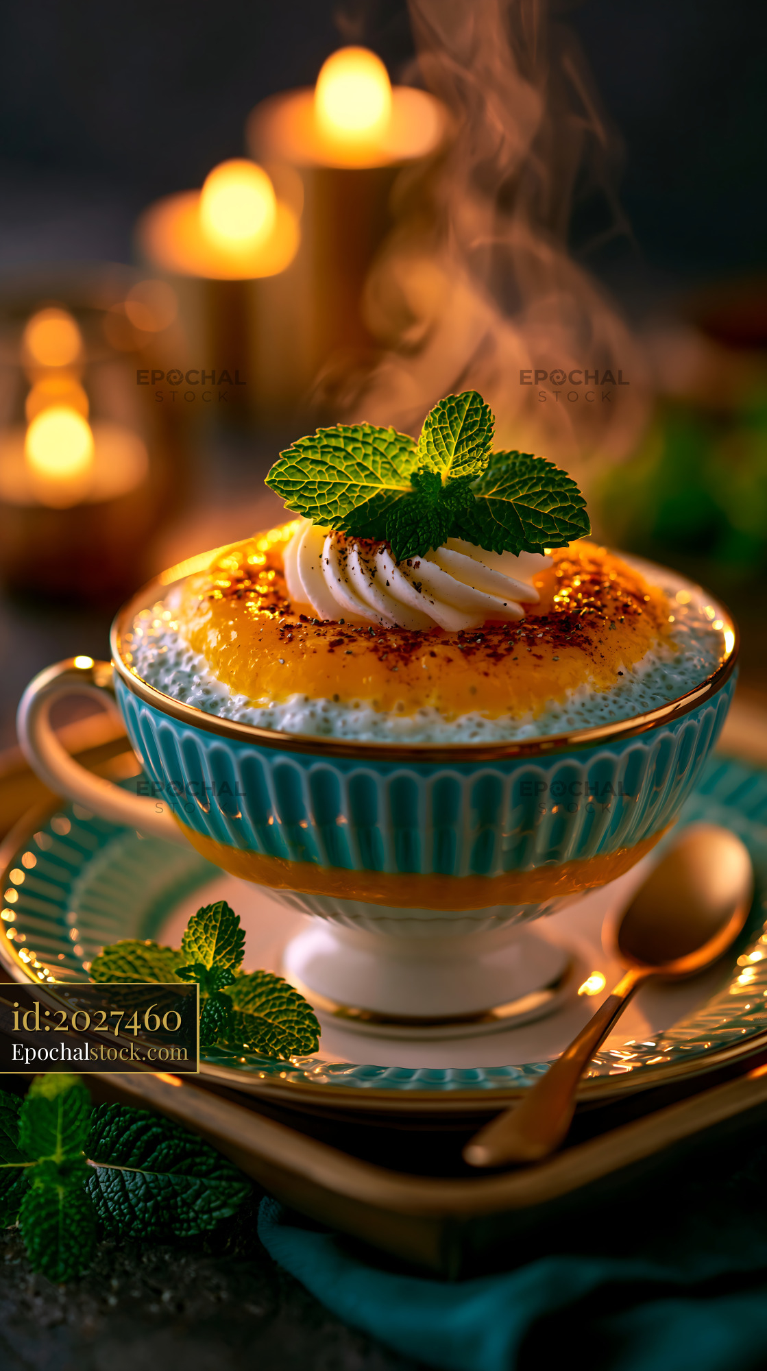Watermarked full-resolution preview of Dessert served in a cup with mint and candlelight background