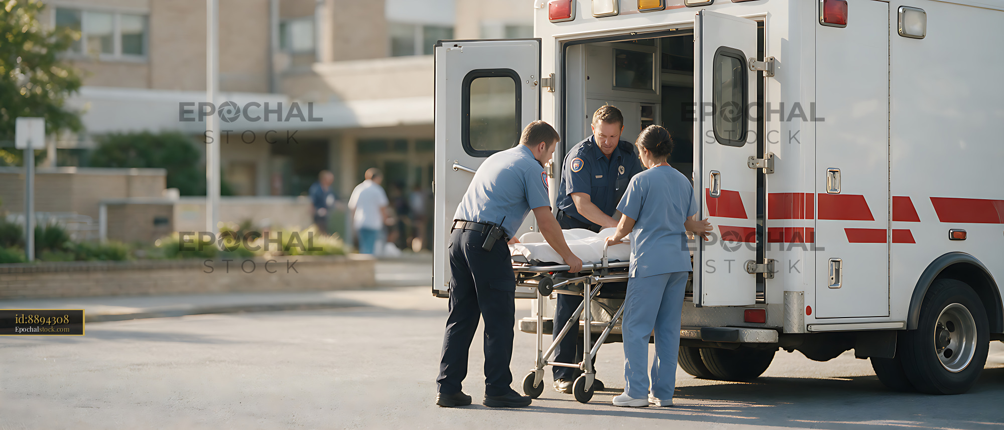 Watermarked full-resolution preview of Medical responders load a stretcher into an ambulance