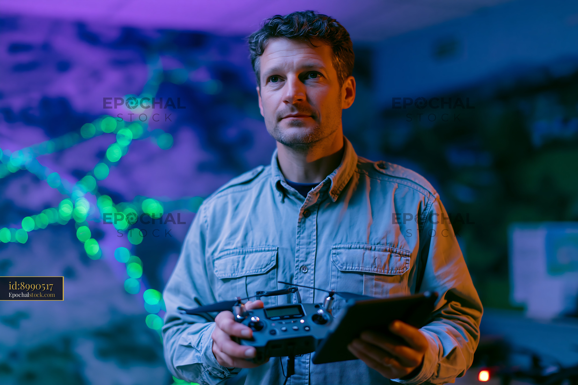 Watermarked full-resolution preview of Man holding drone controller in a dimly lit space