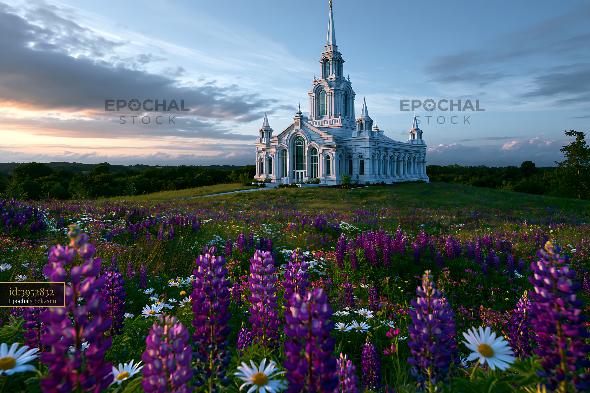Watermarked full-resolution preview of Church surrounded by flowers in a green field at sunset