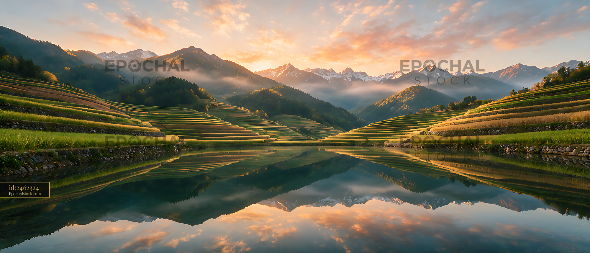 Watermarked full-resolution preview of Mountain terraces reflected in a calm lake