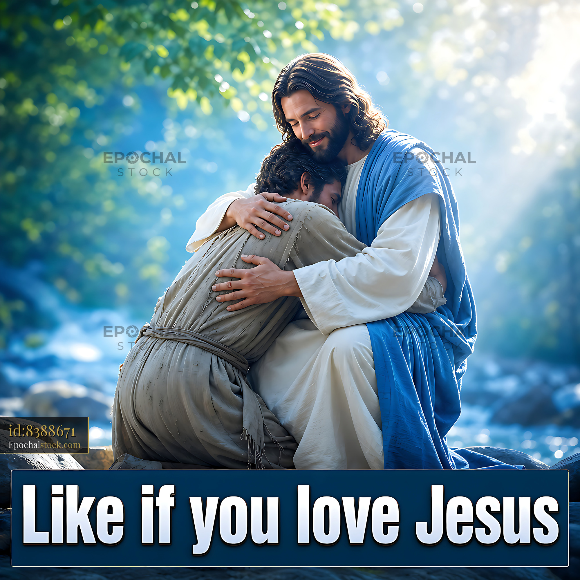 Watermarked full-resolution preview of Man embracing Jesus in a nature setting near a river