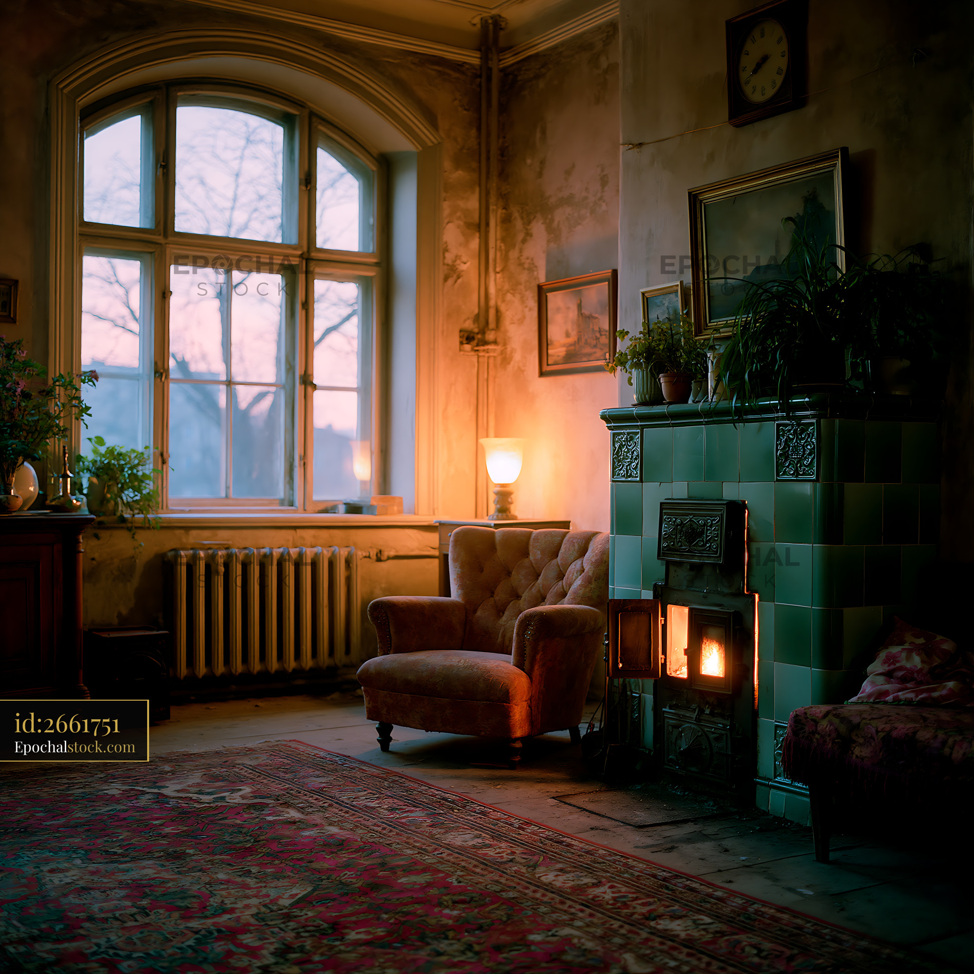 Watermarked full-resolution preview of Cozy room with warm light and vintage decor