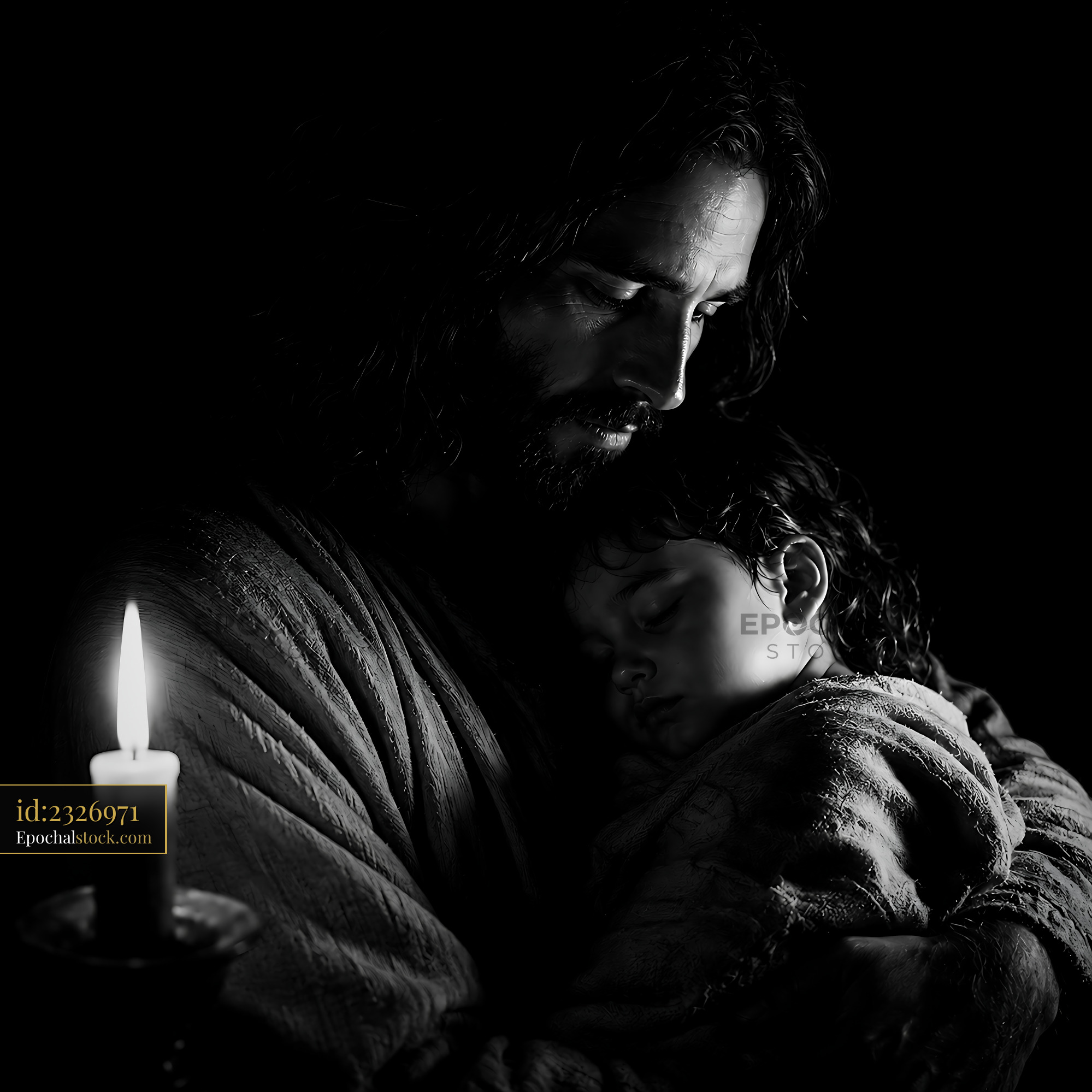 Watermarked full-resolution preview of Emotional moment between a man and a child in dim light