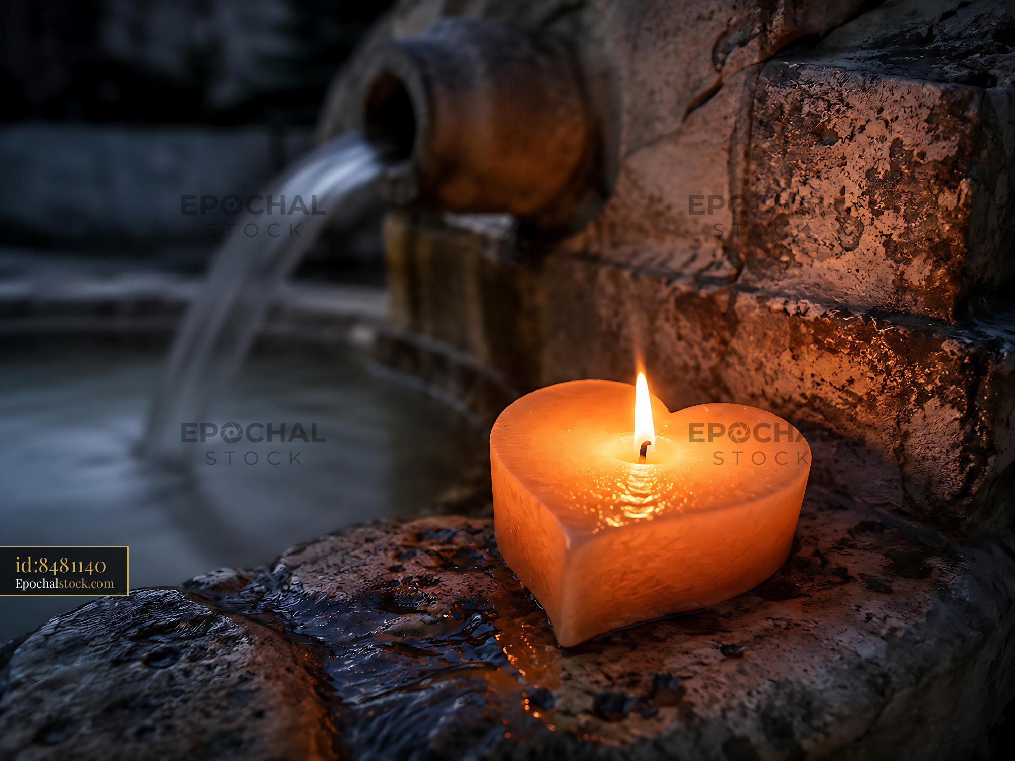 Watermarked full-resolution preview of Heart-shaped candle beside water fountain at night