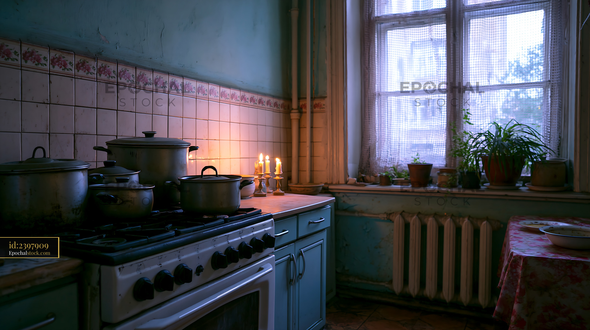 Watermarked full-resolution preview of Quiet kitchen with pots at dusk