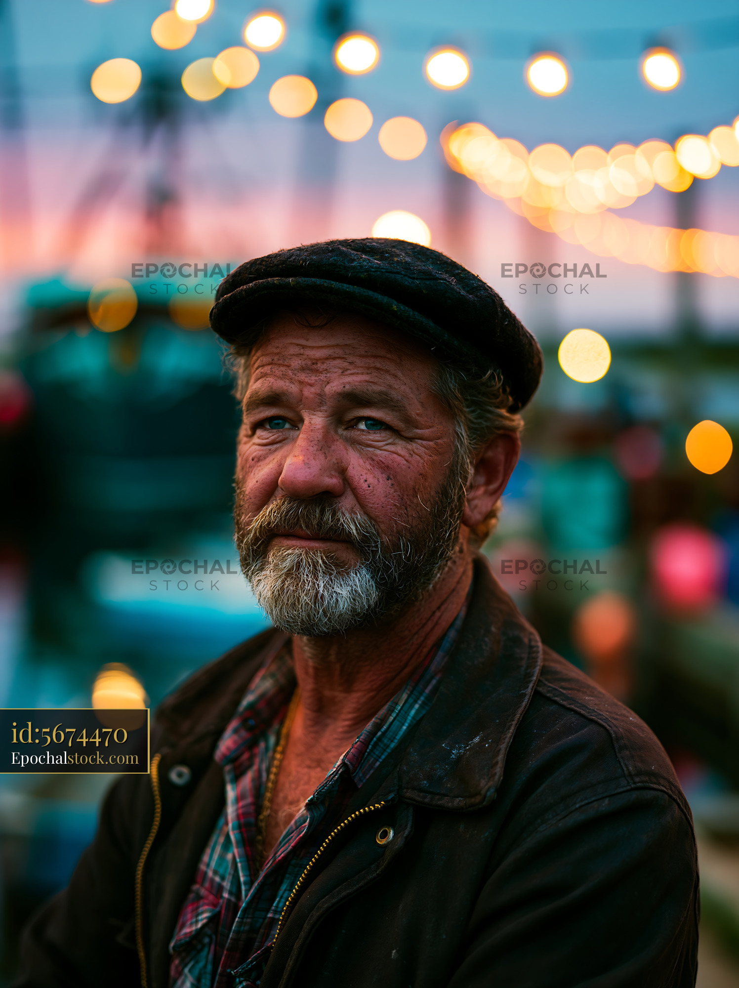 Watermarked full-resolution preview of Man with beard and cap at outdoor festival during sunset