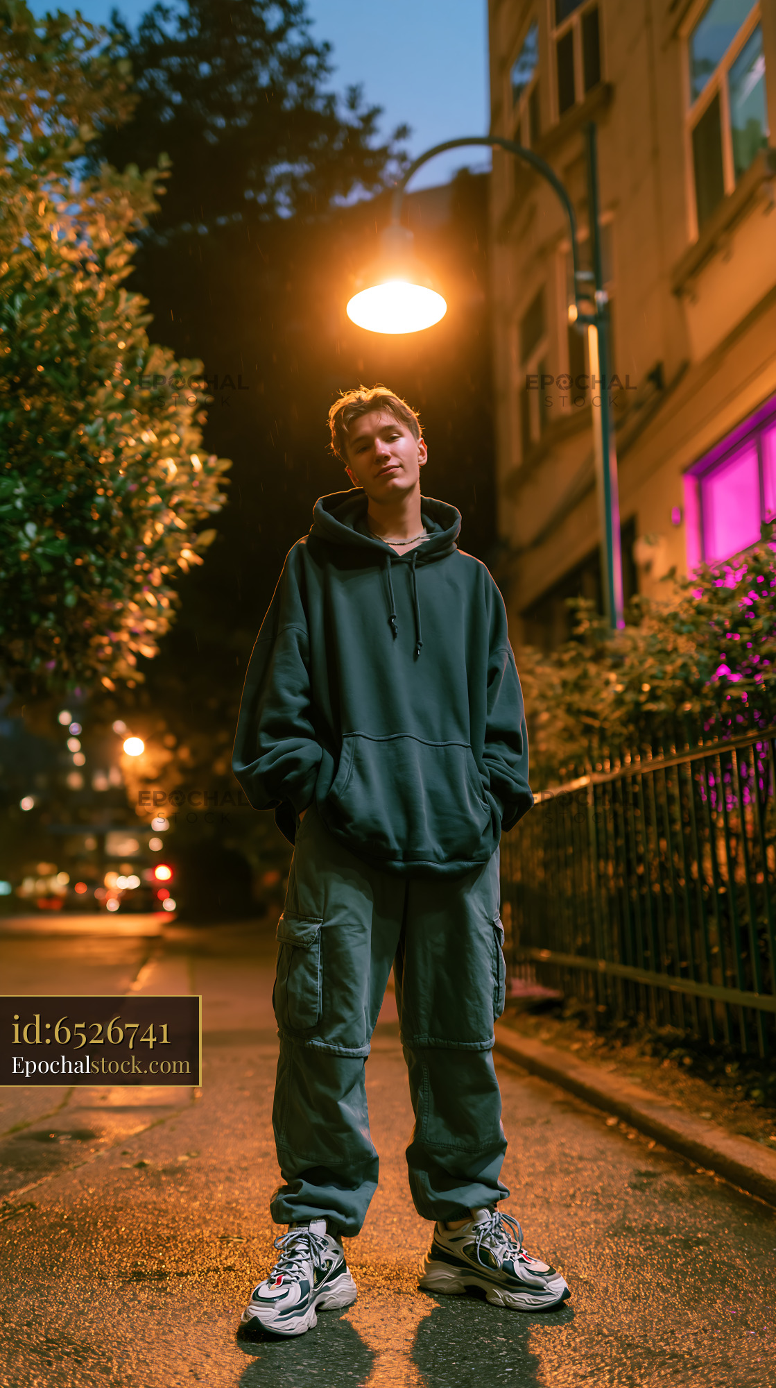 Watermarked full-resolution preview of Young person standing on urban street at night under streetlight