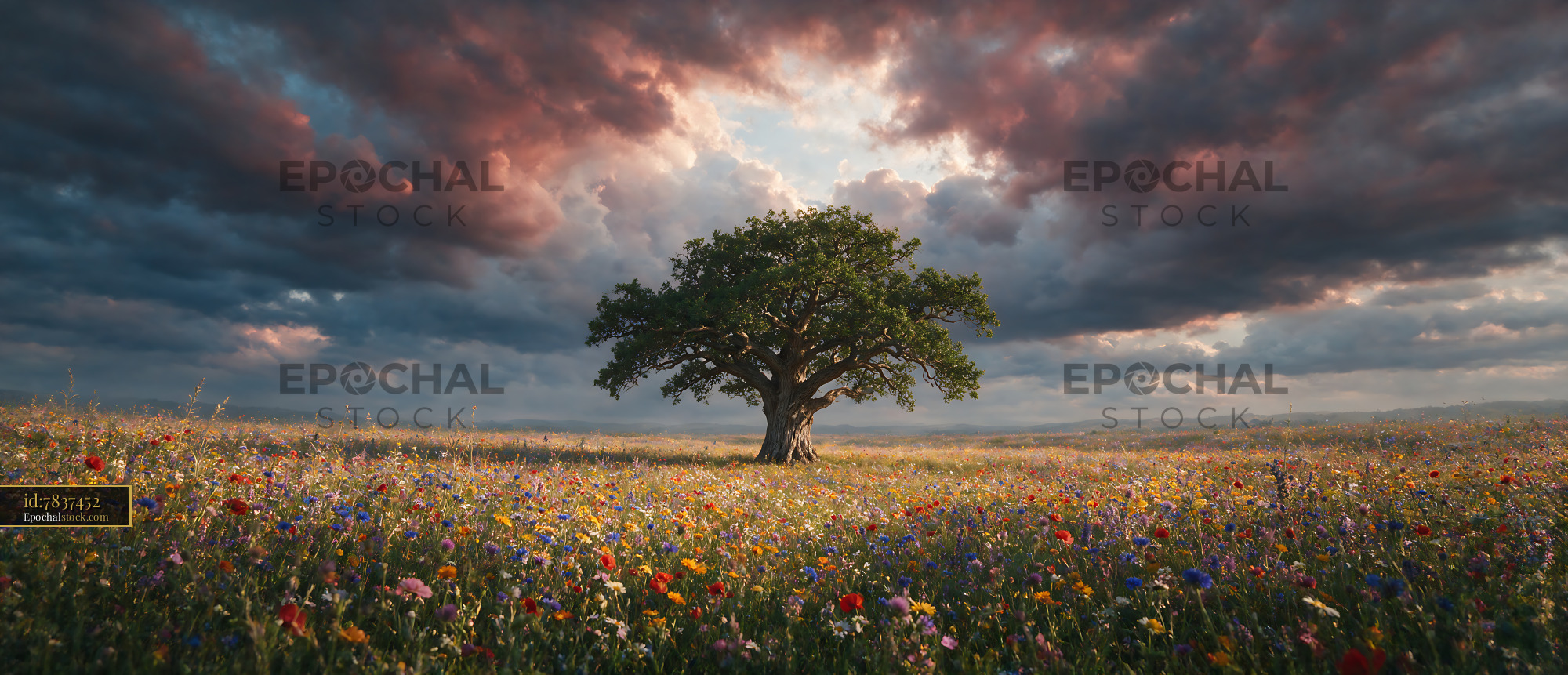 Watermarked full-resolution preview of Large tree in a colorful meadow under a dramatic sky