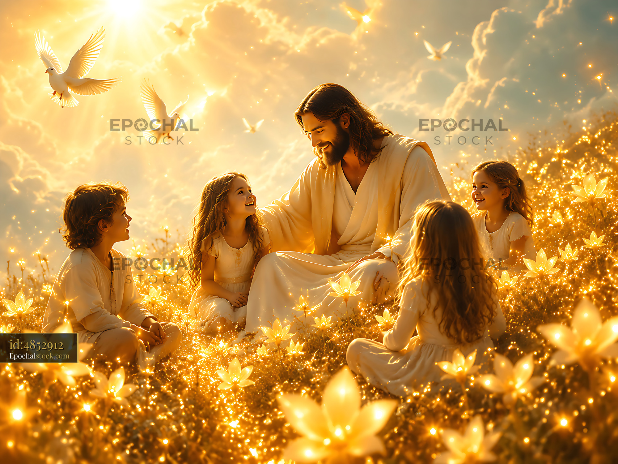 Watermarked full-resolution preview of Jesus surrounded by children in a field of flowers