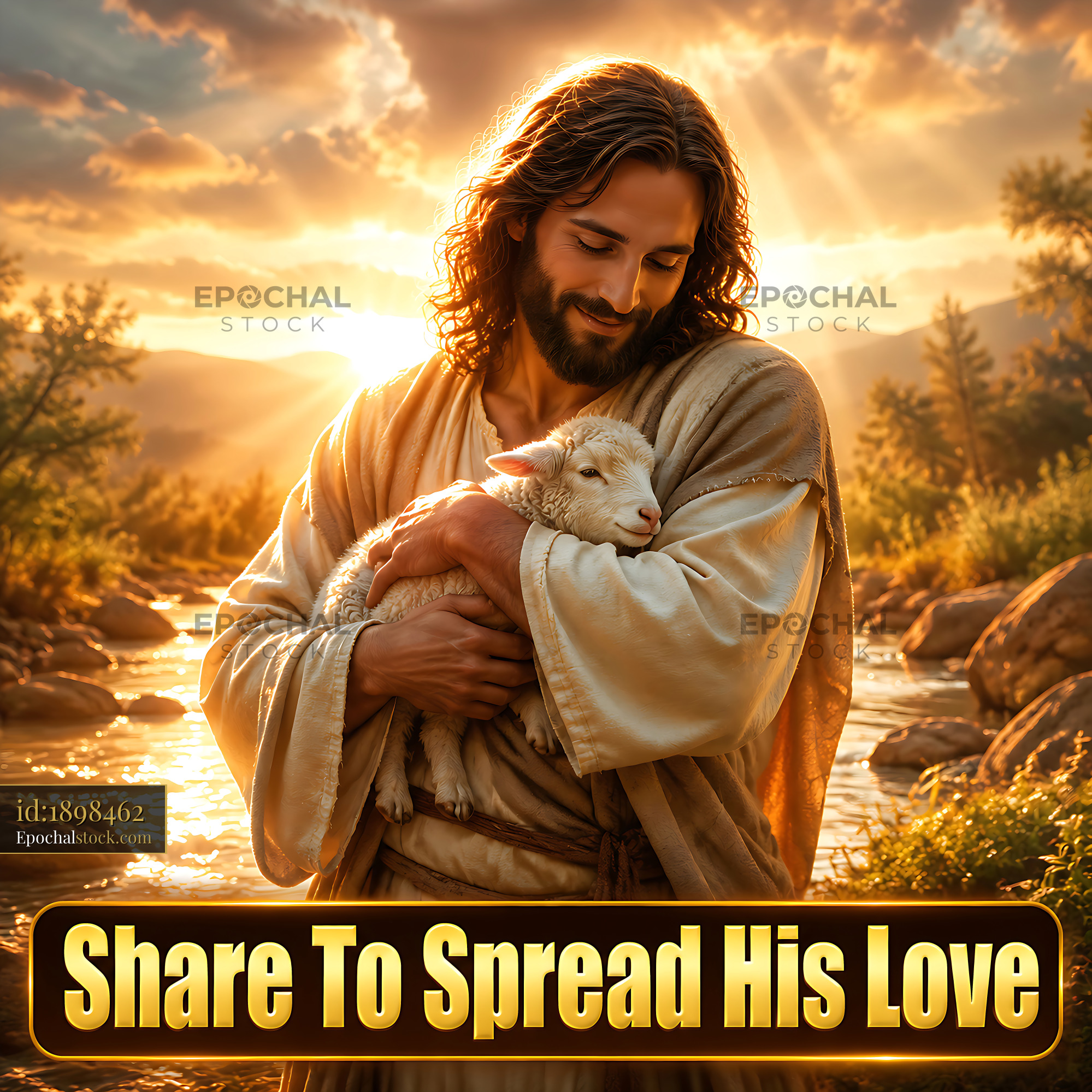 Watermarked full-resolution preview of Shepherd holding a lamb by a river at sunset