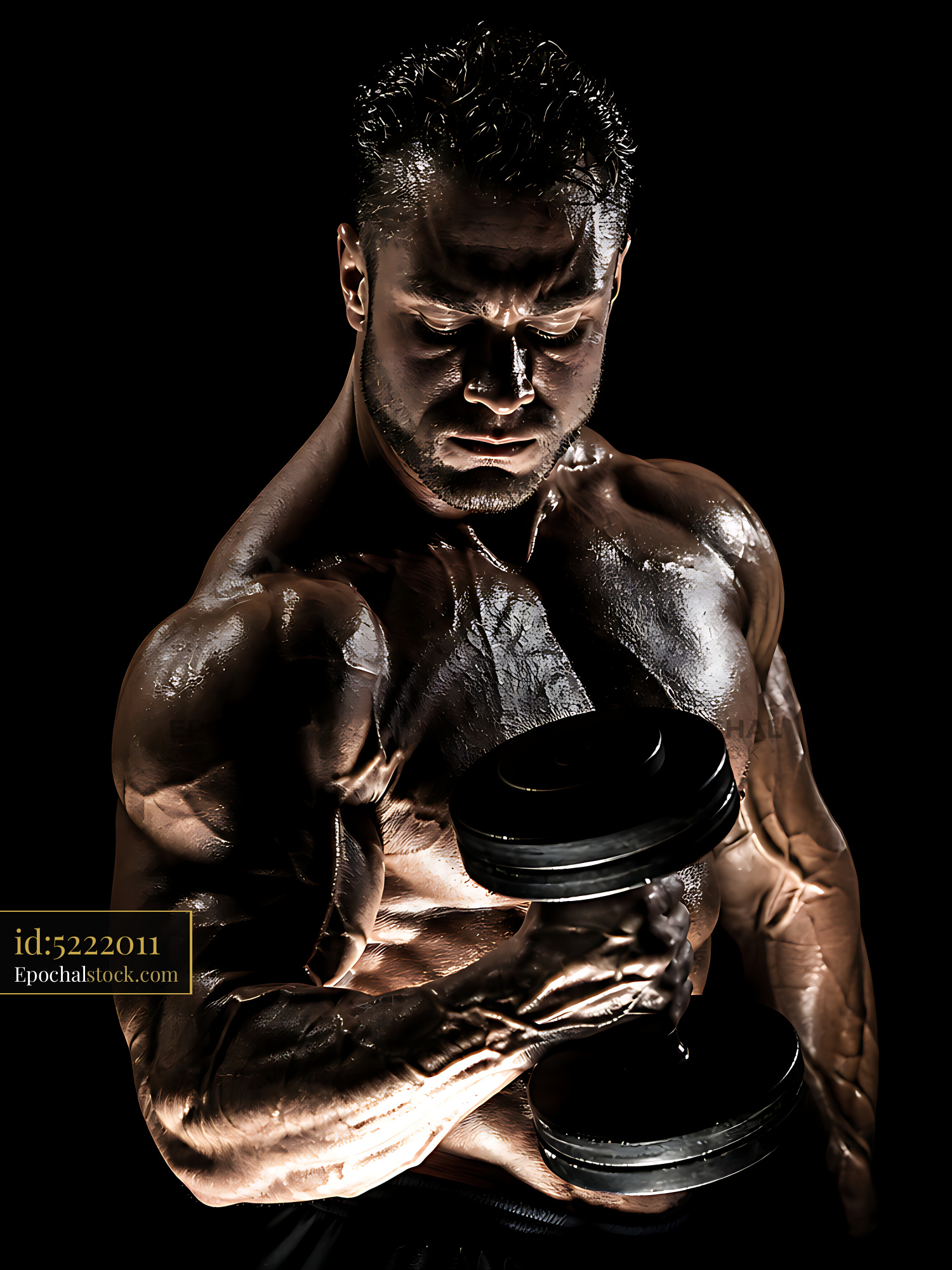 Watermarked full-resolution preview of Muscular man exercising with dumbbell in low light