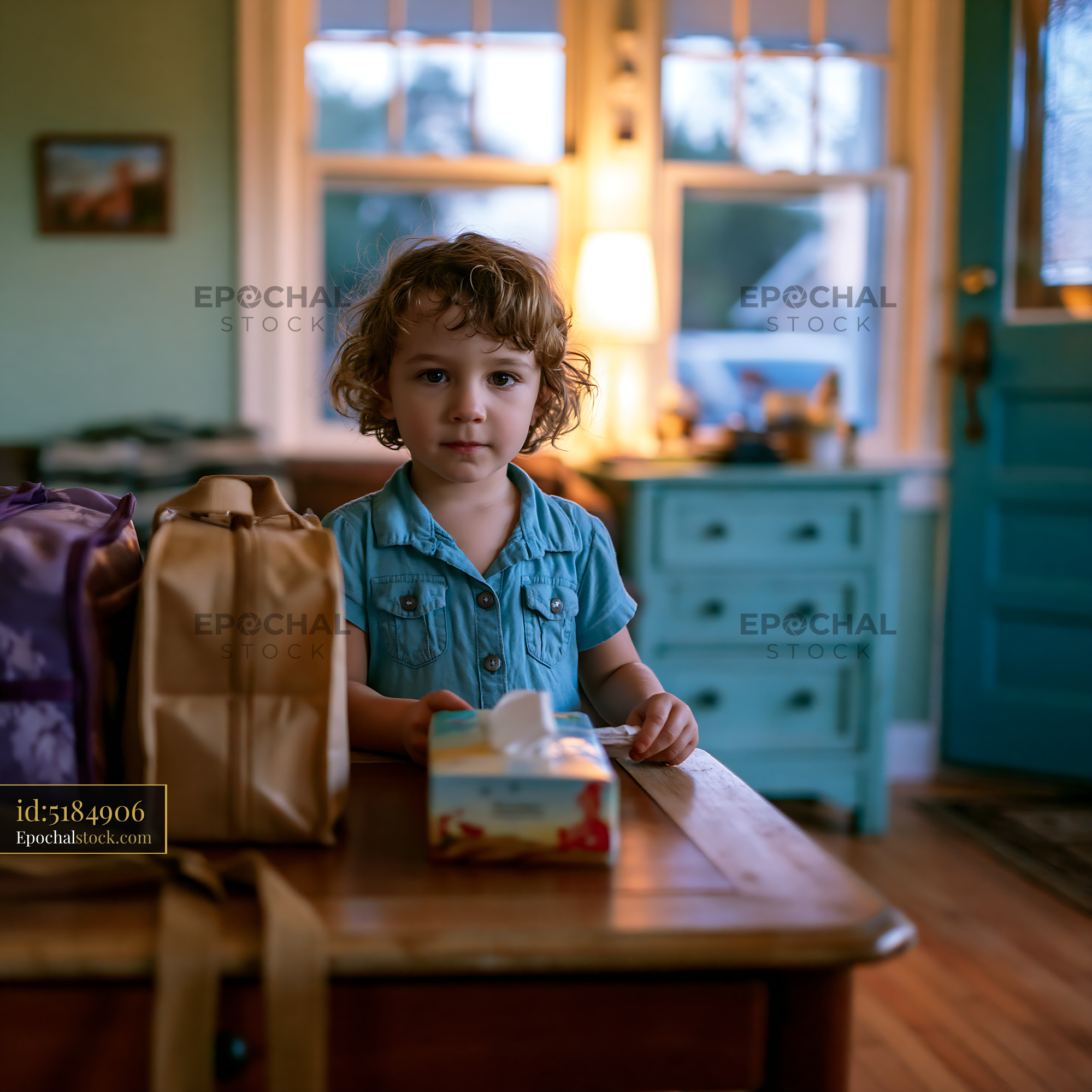 Watermarked full-resolution preview of Child standing by table with bags and tissue box in home setting