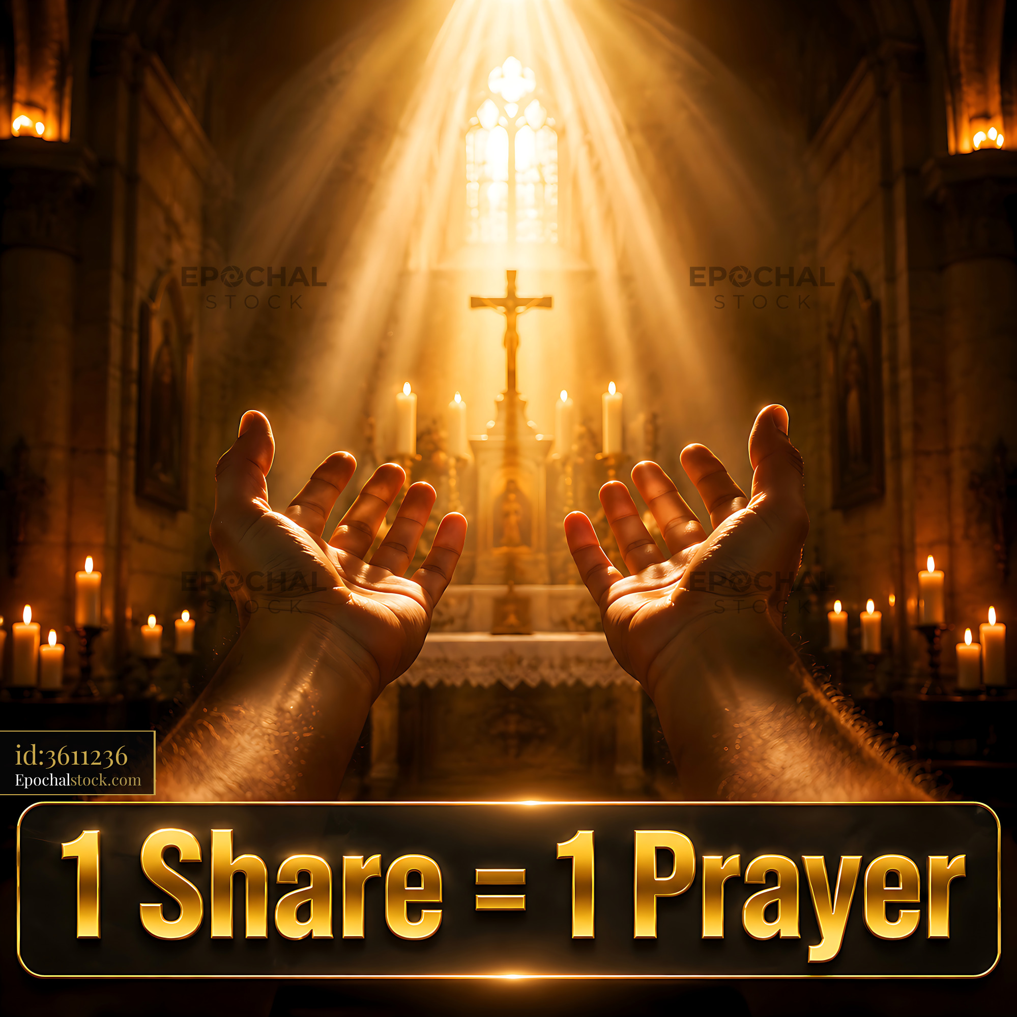 Watermarked full-resolution preview of Hands raised in a church with candles and a cross in the background