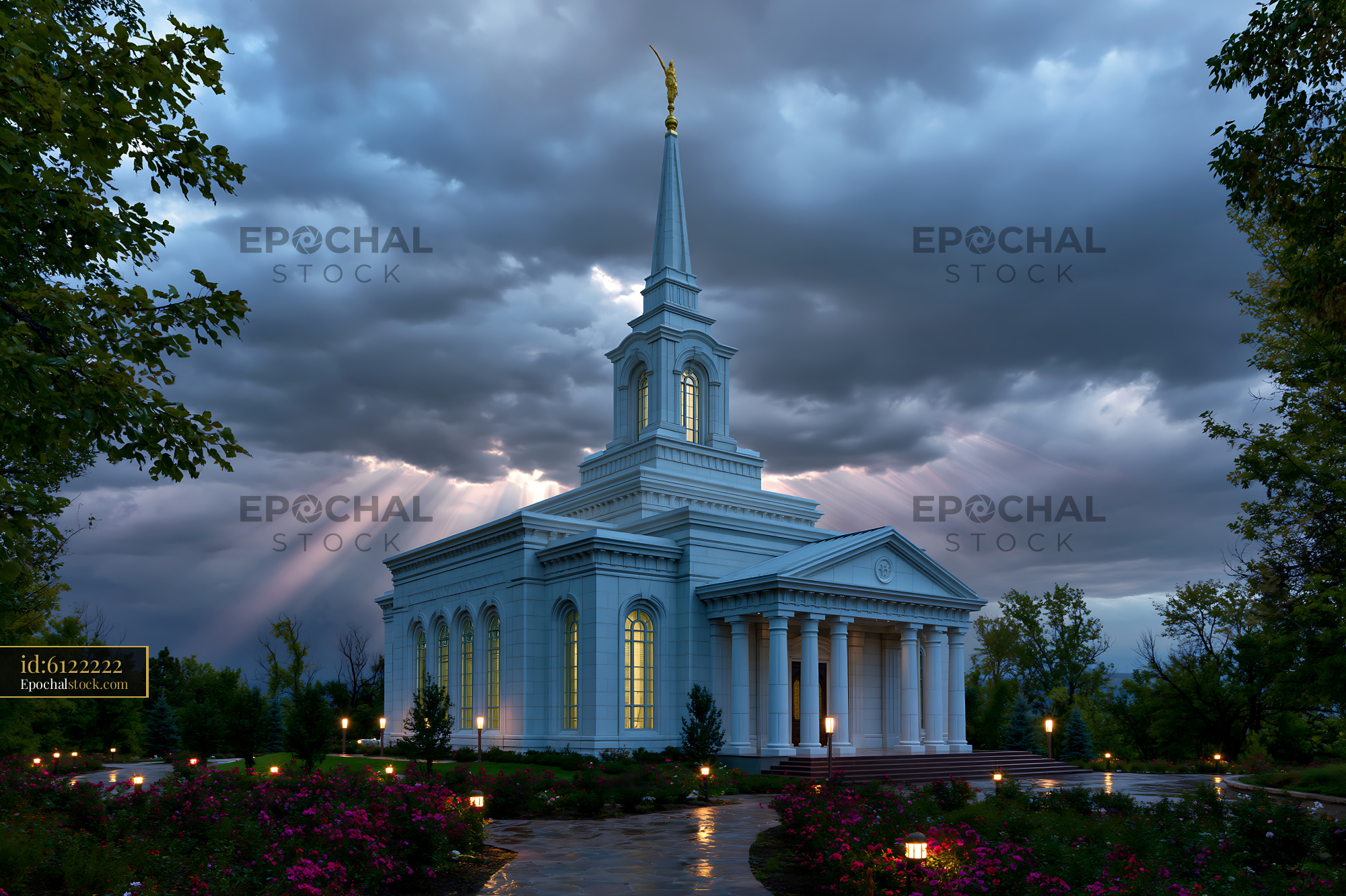 Watermarked full-resolution preview of Beautiful church under a cloudy sky with sun rays shining