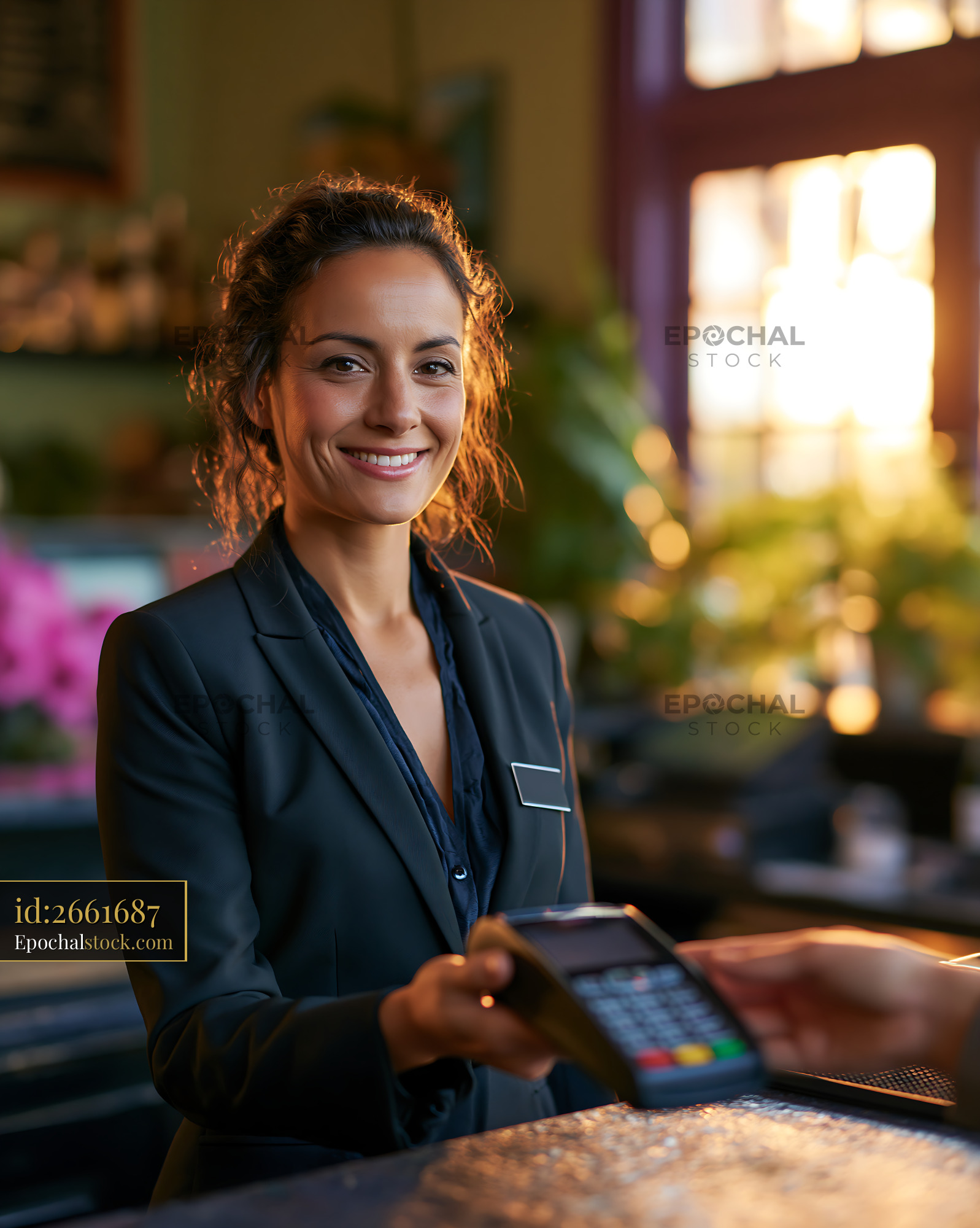 Watermarked full-resolution preview of Woman holding a payment terminal in a warm cafe setting